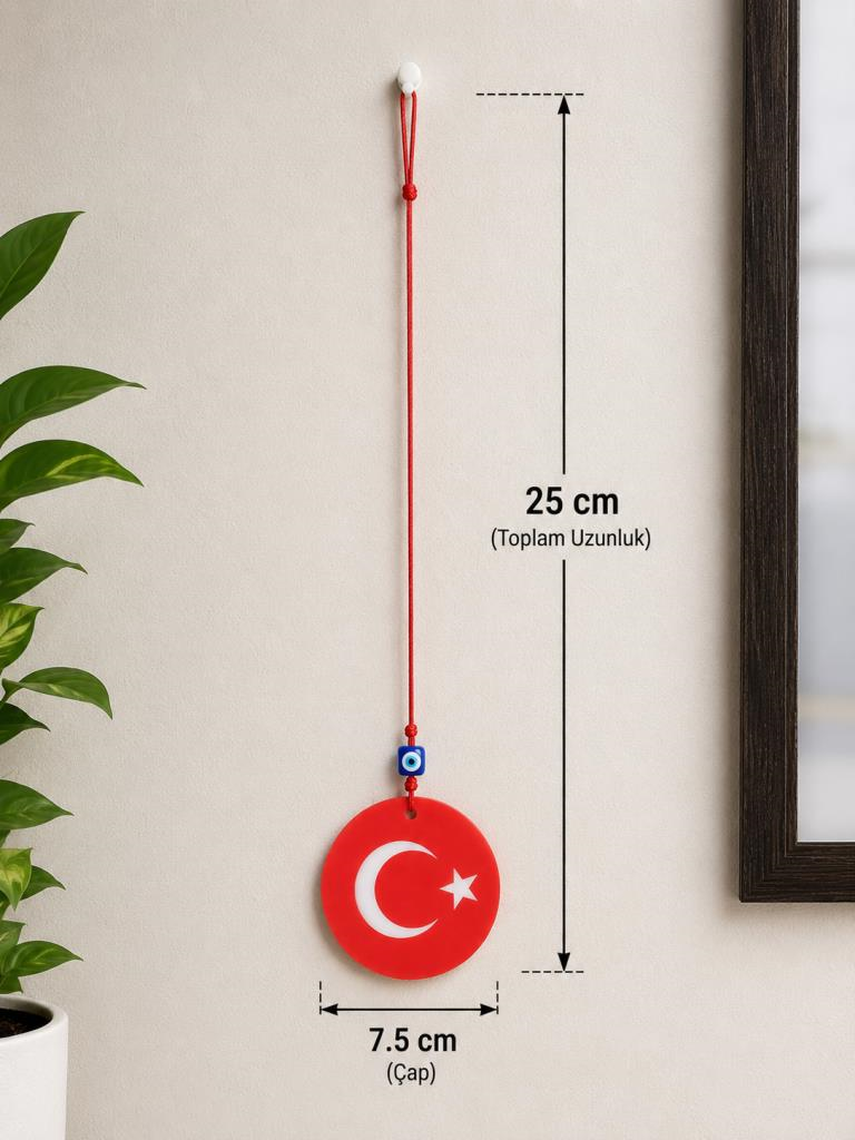 Türk Bayraklı Araba Dikiz Ayna Süsü Çift Taraflı Cam Nazar Boncuklu 25 cm