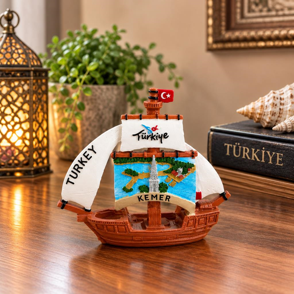Yelkenli Gemi Biblosu Türkiye Hediyelik Dekoratif Masa Üstü Süsü Turistik Hatıra 11x12 Cm 