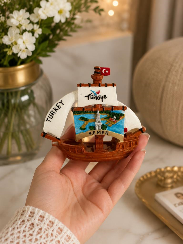 Yelkenli Gemi Biblosu Türkiye Hediyelik Dekoratif Masa Üstü Süsü Turistik Hatıra 11x12 Cm 