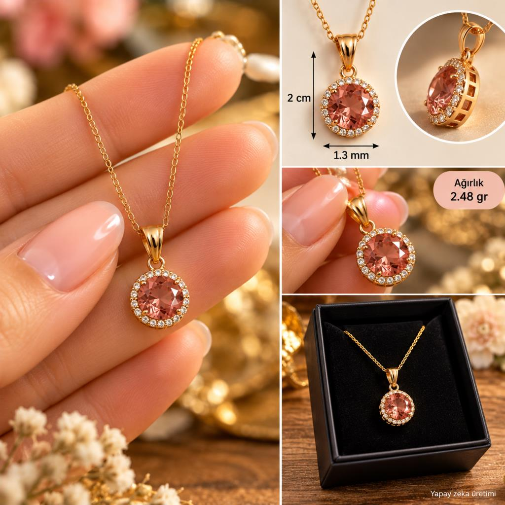 Zultanit Kolye Renk Değiştiren Sultanit Gold Renk Çelik Zincir Kutulu Keseli