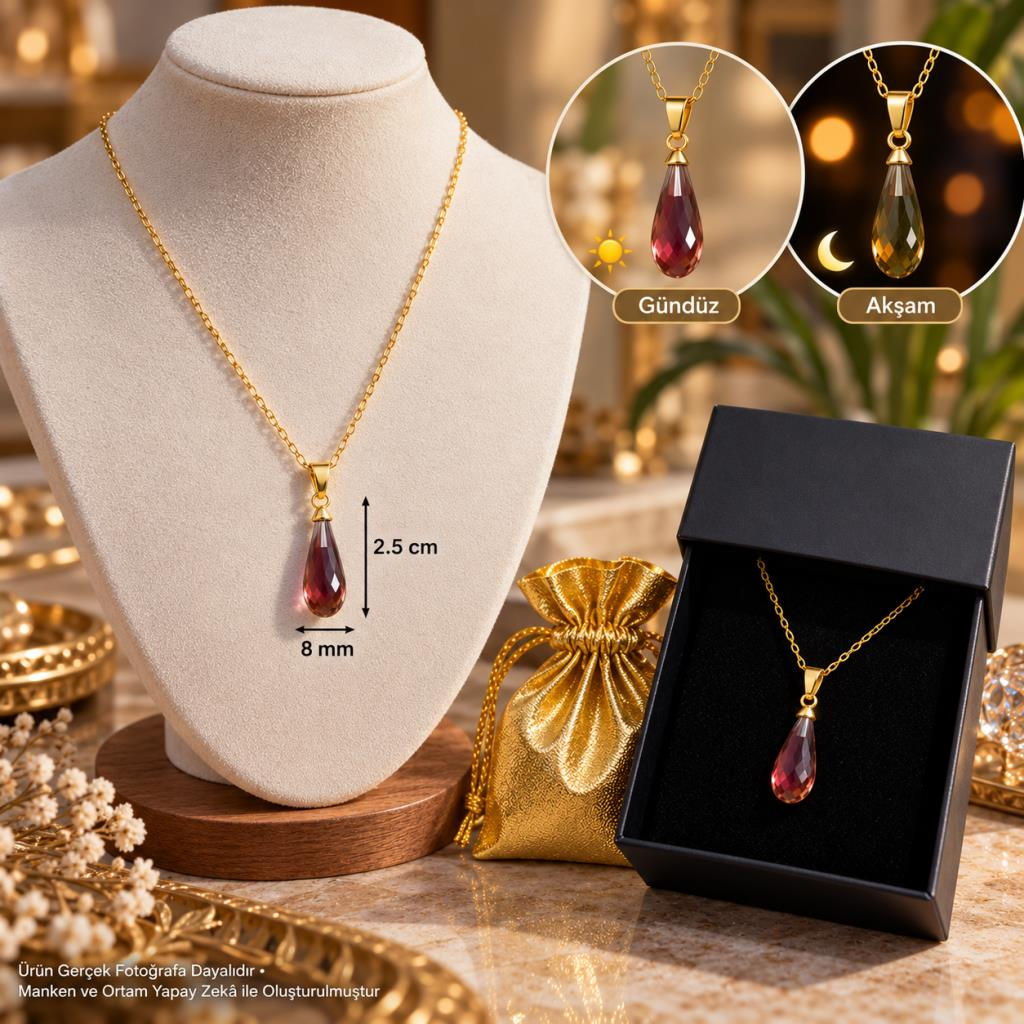 Zultanit Kolye Renk Değiştiren Sultanit Damla Çelik Zincirli Kutulu Keseli Gold Renk 