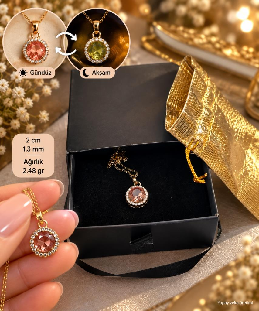 Zultanit Kolye Renk Değiştiren Sultanit Gold Renk Çelik Zincir Kutulu Keseli