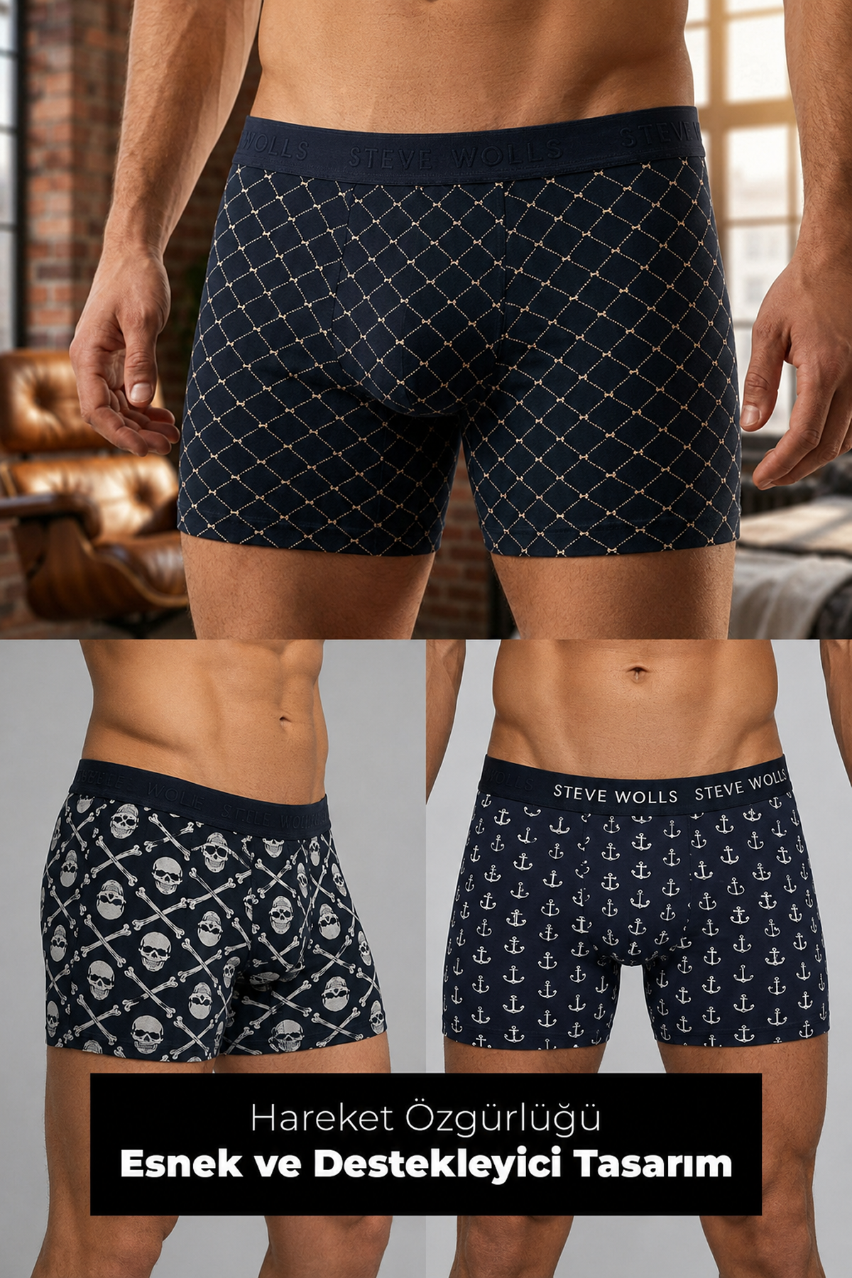 Erkek Karışık Desenli 3'lü Boxer - 23660