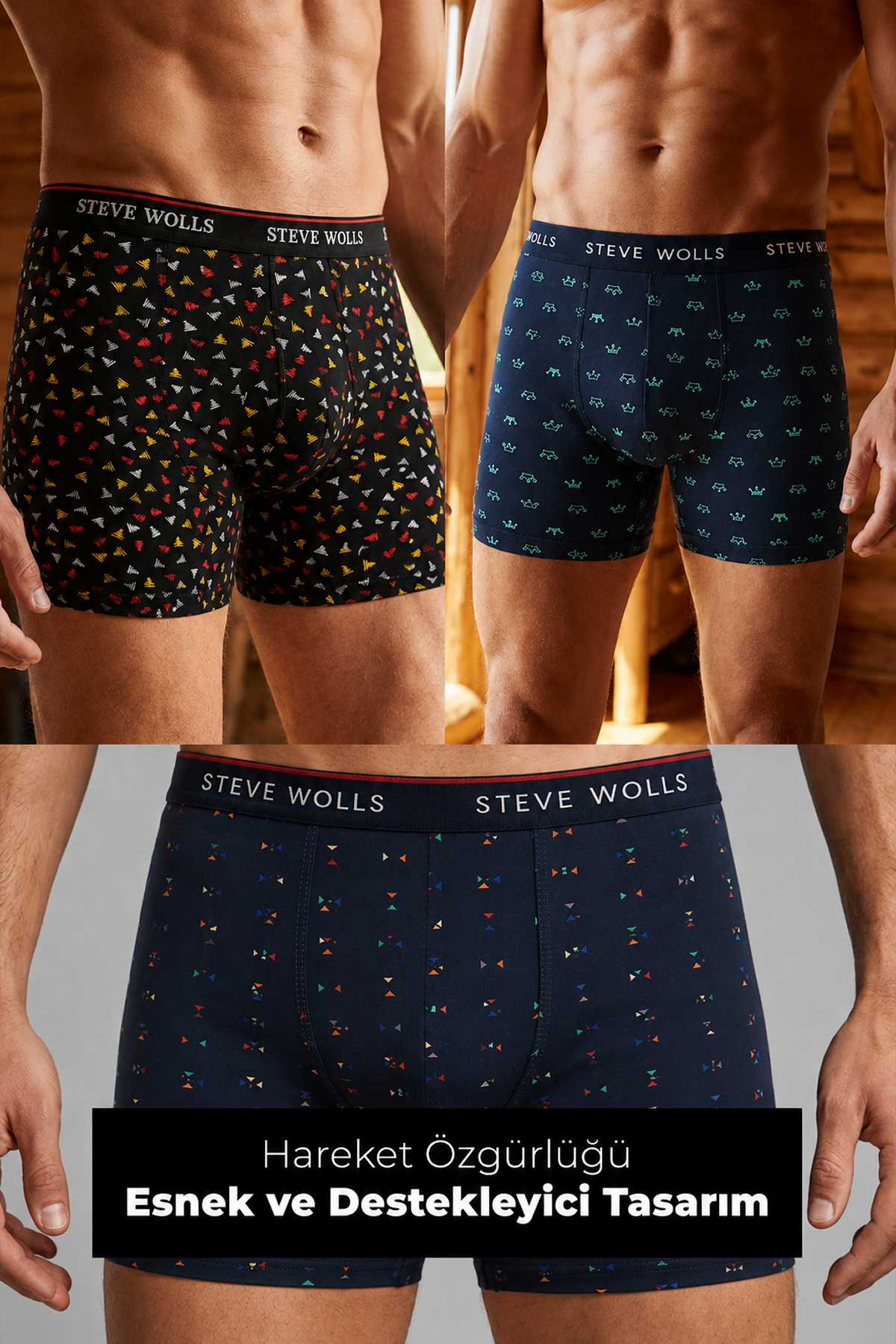 Erkek Karışık Desenli 3'lü Boxer - 23661