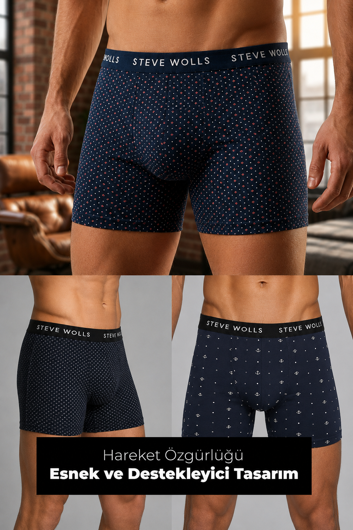 Erkek Karışık Desenli 3'lü Boxer - 23662
