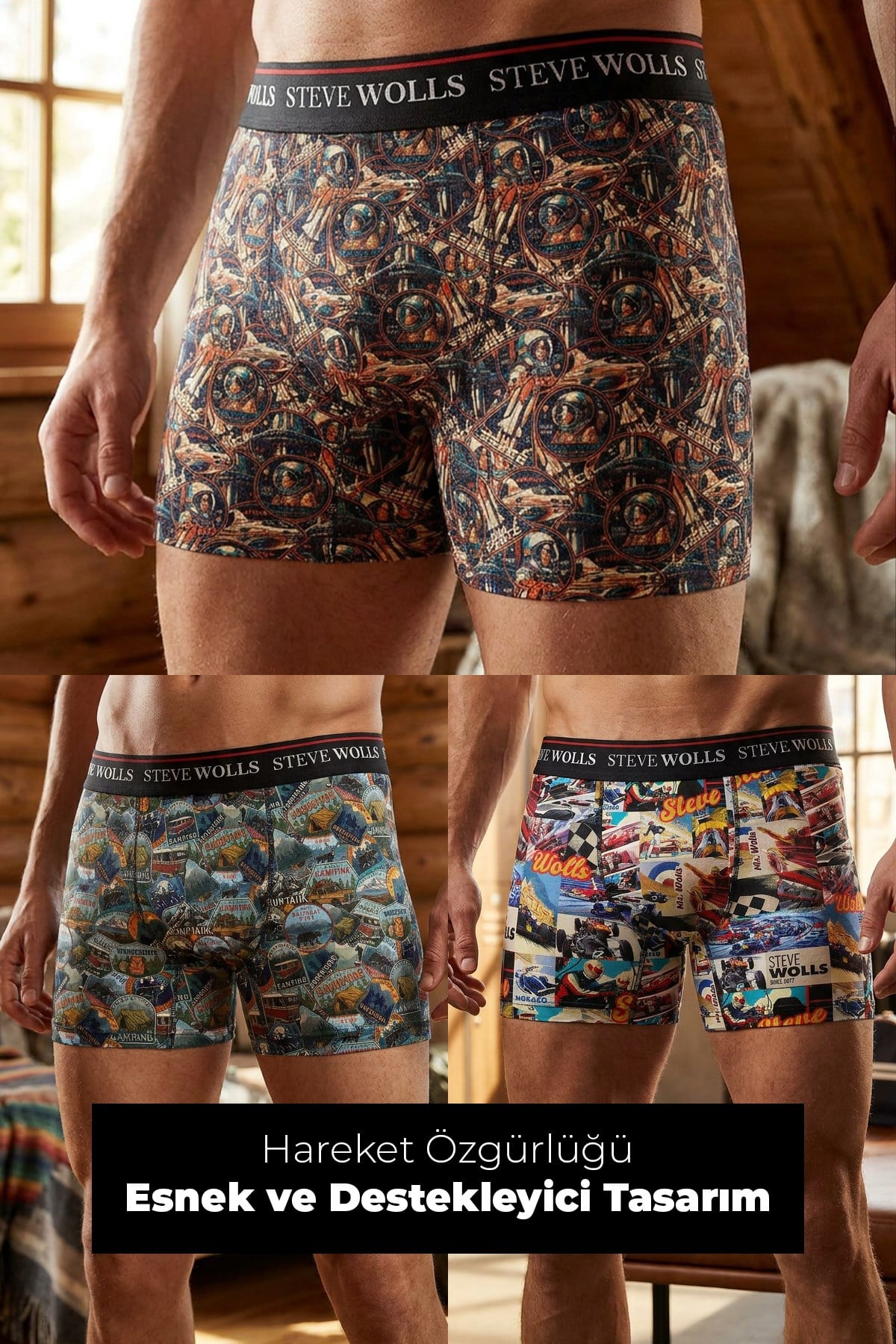 Erkek Karışık Desenli 3'lü Dijital Baskı Boxer - 1100