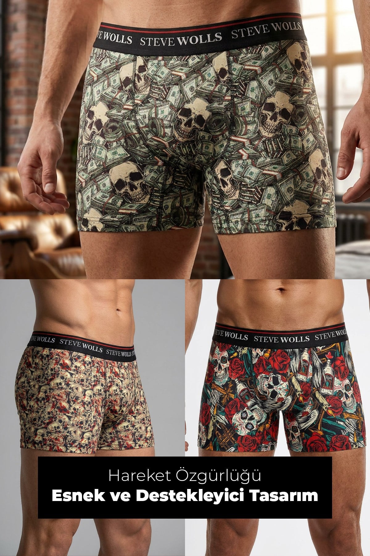 Erkek Karışık Desenli 3'lü Dijital Baskı Boxer - 1102