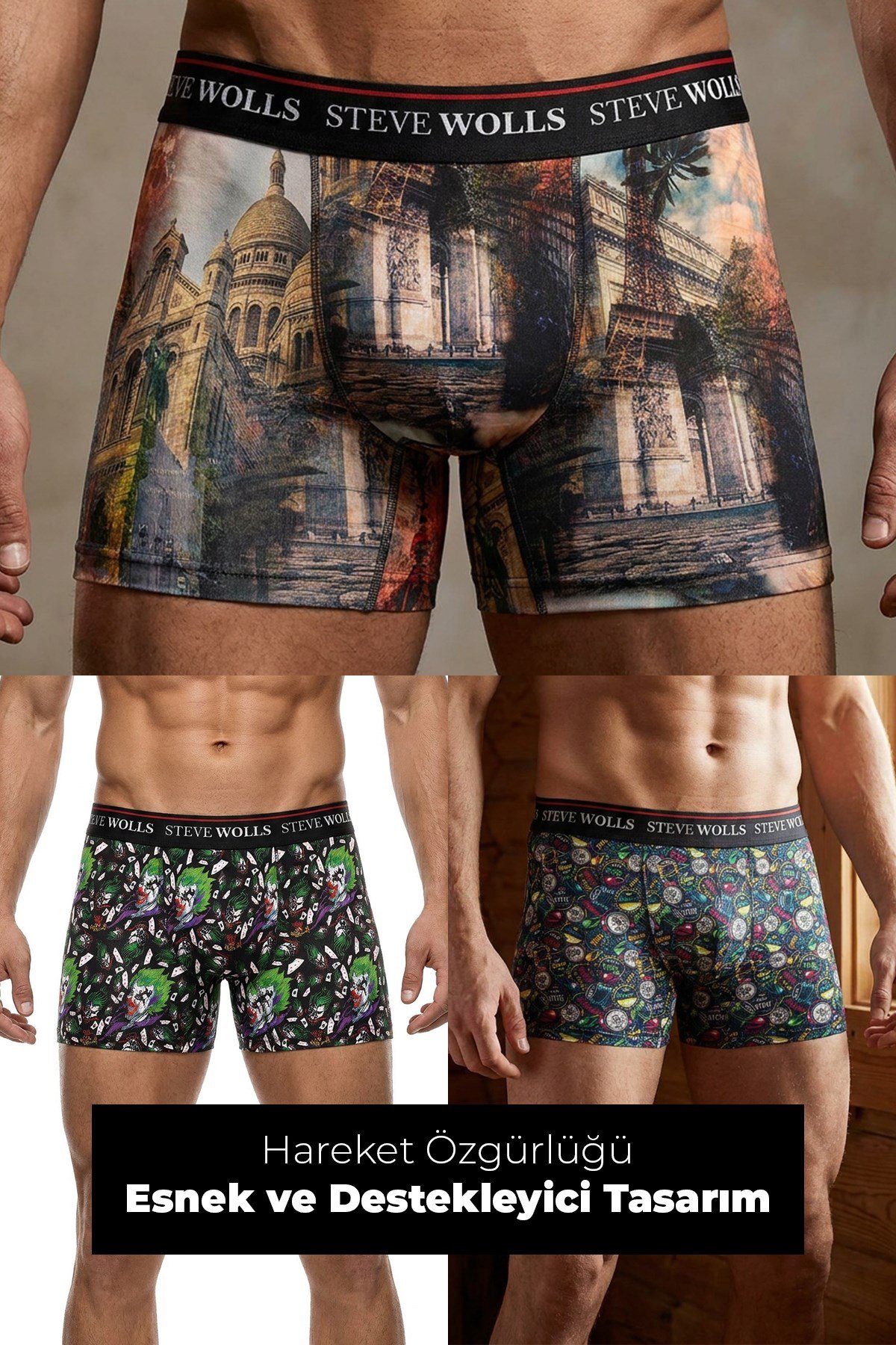 Erkek Karışık Desenli 3'lü Dijital Baskı Boxer - 1101