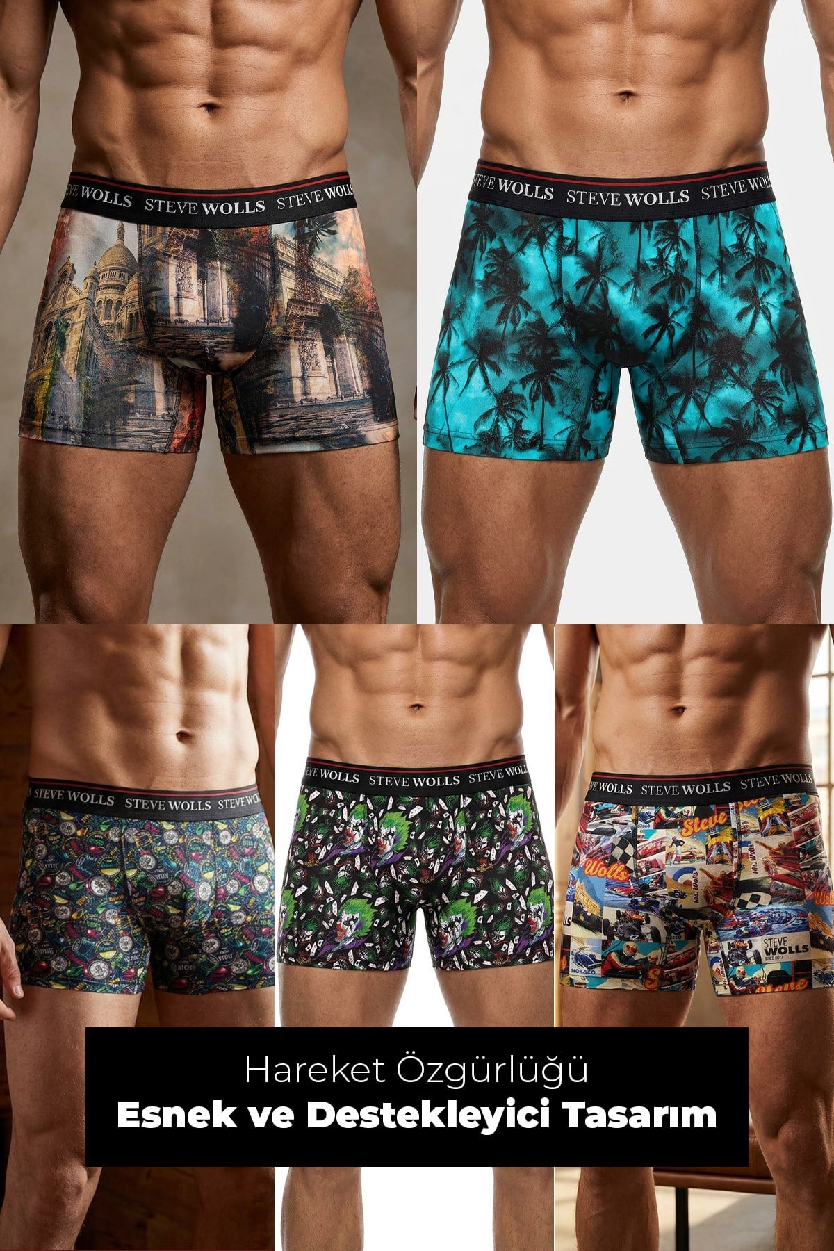 Erkek Karışık Desenli 5'li Dijital Baskı Boxer - 1103