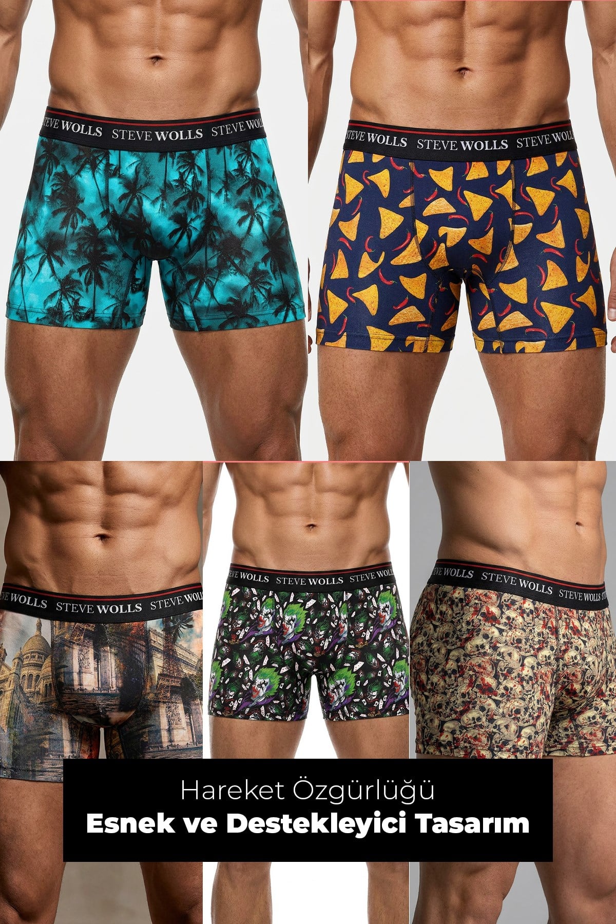 Erkek Karışık Desenli 5'li Dijital Baskı Boxer - 1105