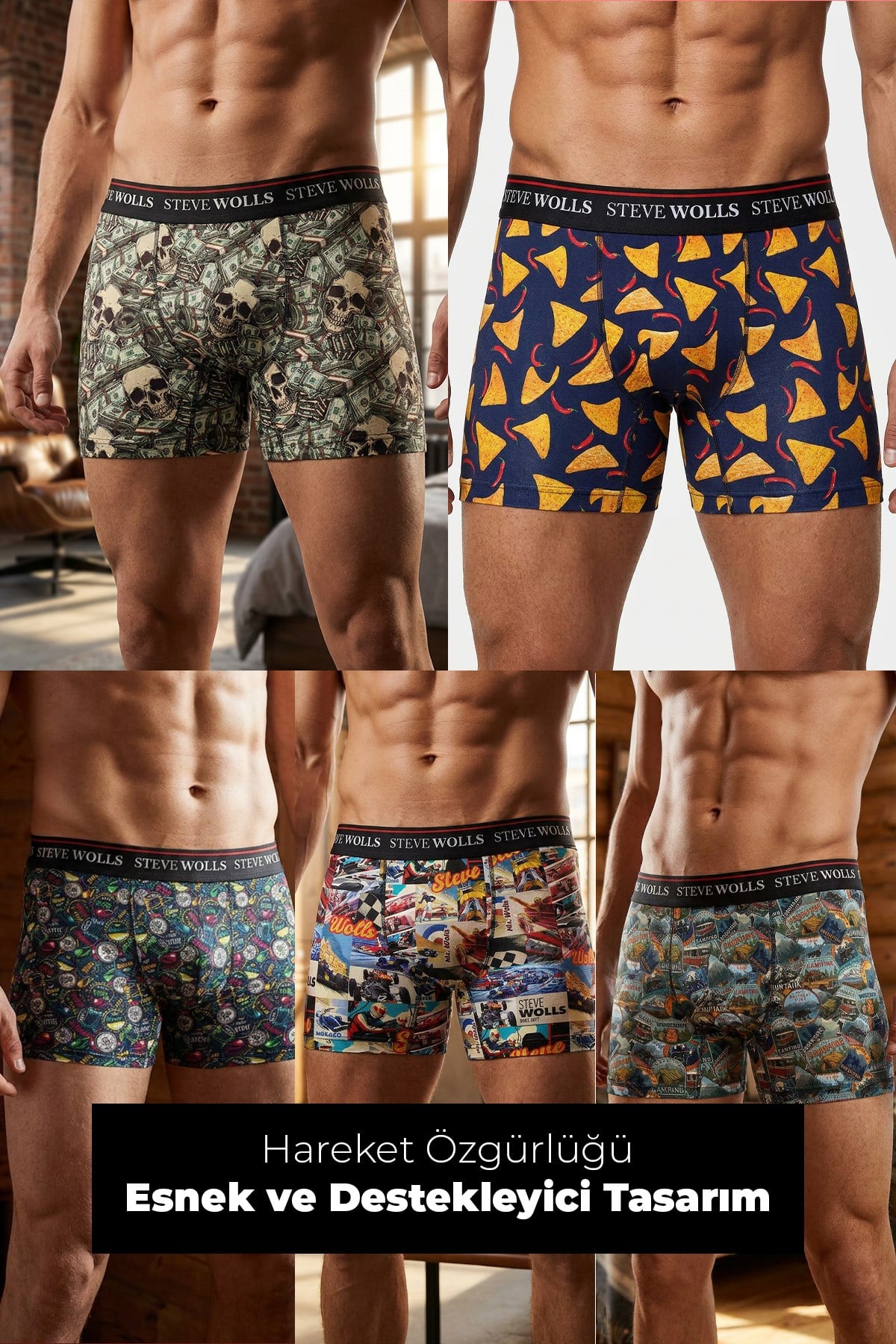 Erkek Karışık Desenli 5'li Dijital Baskı Boxer - 1104
