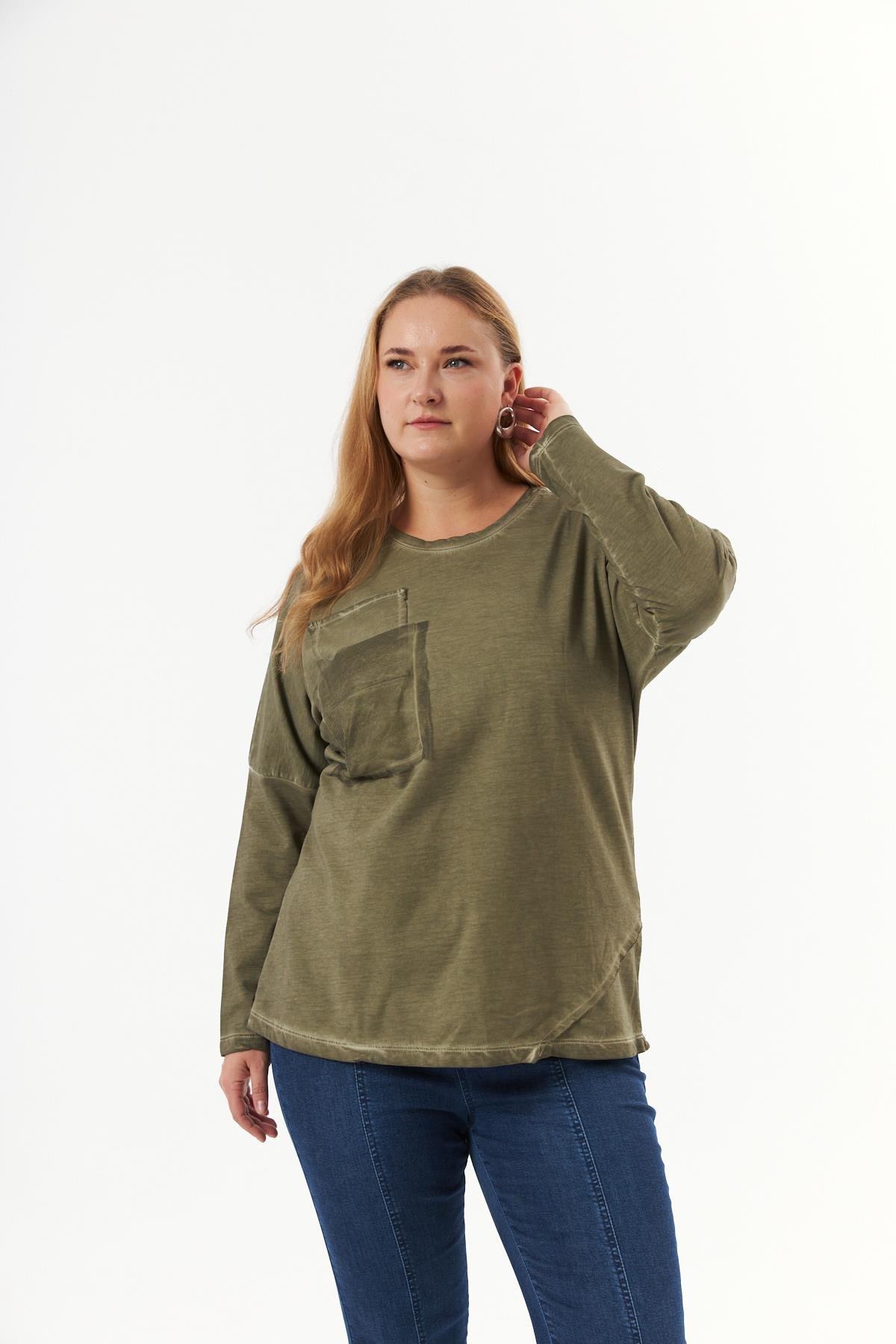 Büyük Beden Cep Detay Parça Boya Sweatshirt Haki