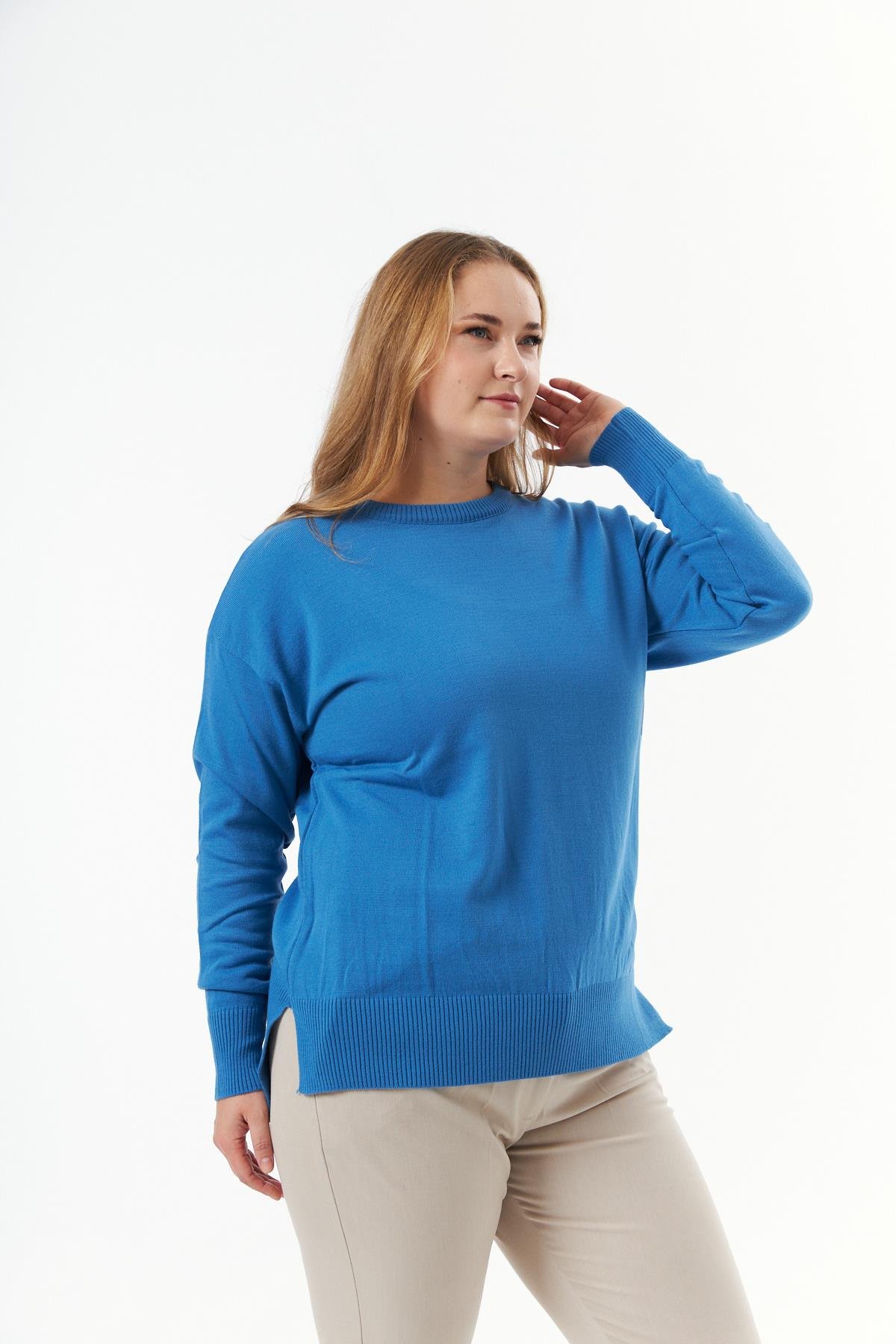 Büyük Beden Bisiklet Yaka Triko Kazak İndigo