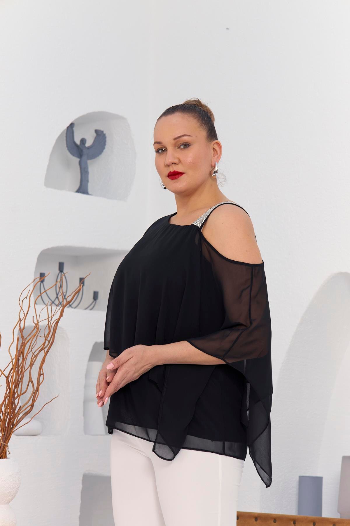 Rmg Omuz Taş Detay İçlikli Şifon Büyük Beden Bluz Siyah