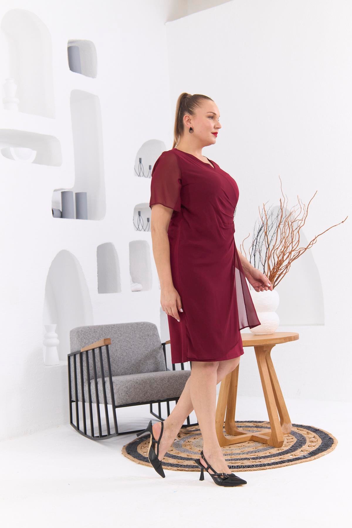 Rmg Asimetrik Büyük Beden Taş Aksesuarlı Bordo Abiye Elbise