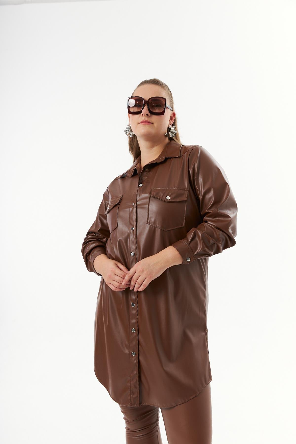 Büyük Beden Deri Gömlek Tunik Camel