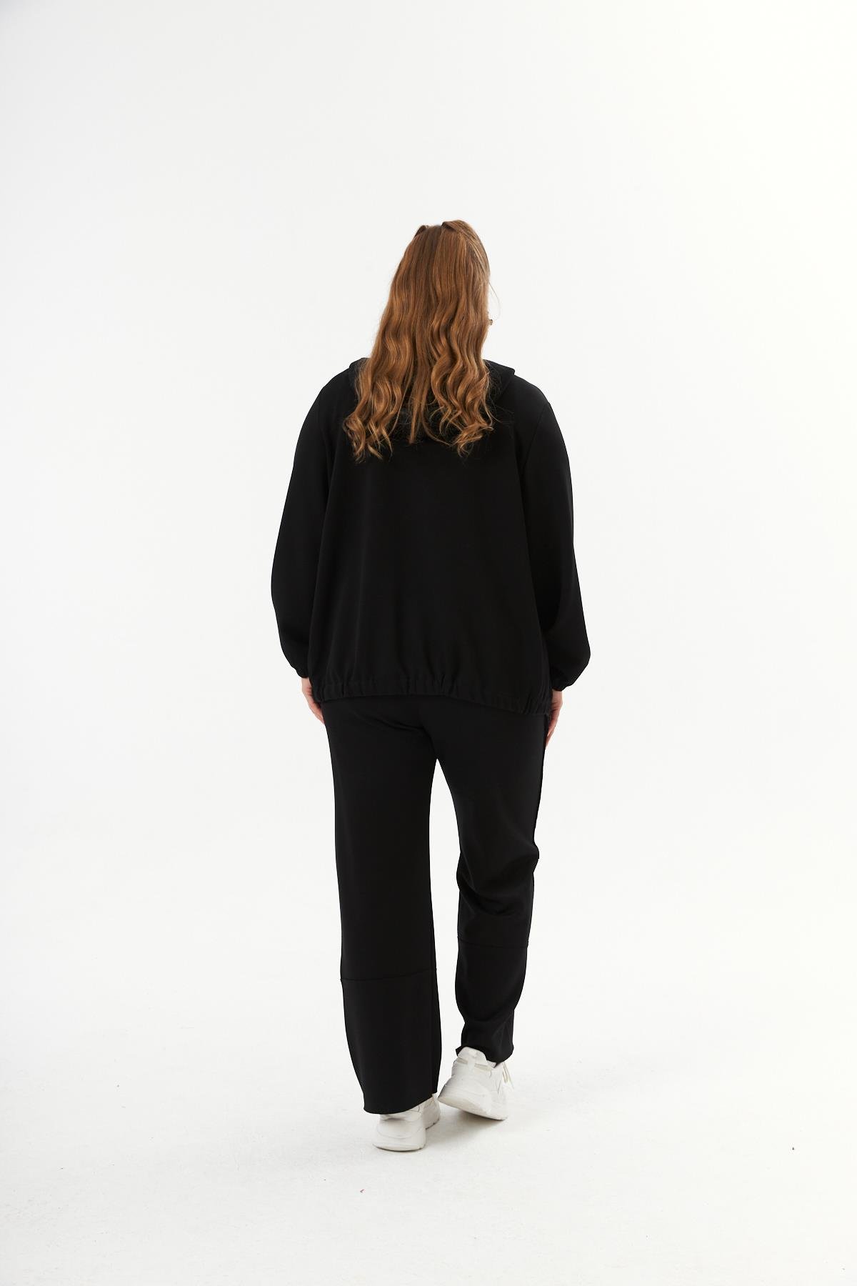 Büyük Beden Kapüşon ve Fermuarlı Sweatshirt Siyah