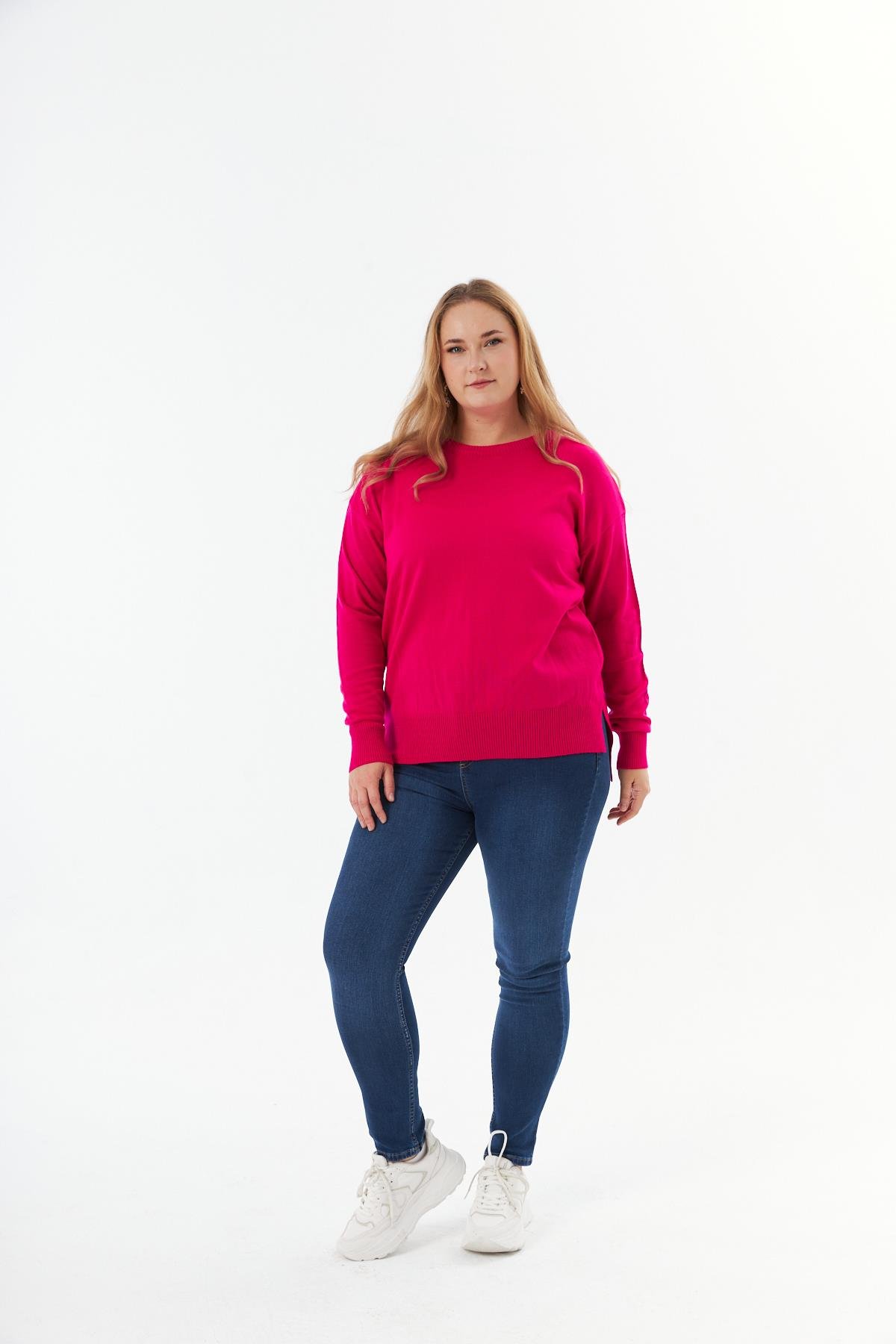 Büyük Beden Bisiklet Yaka Triko Kazak Fuşya