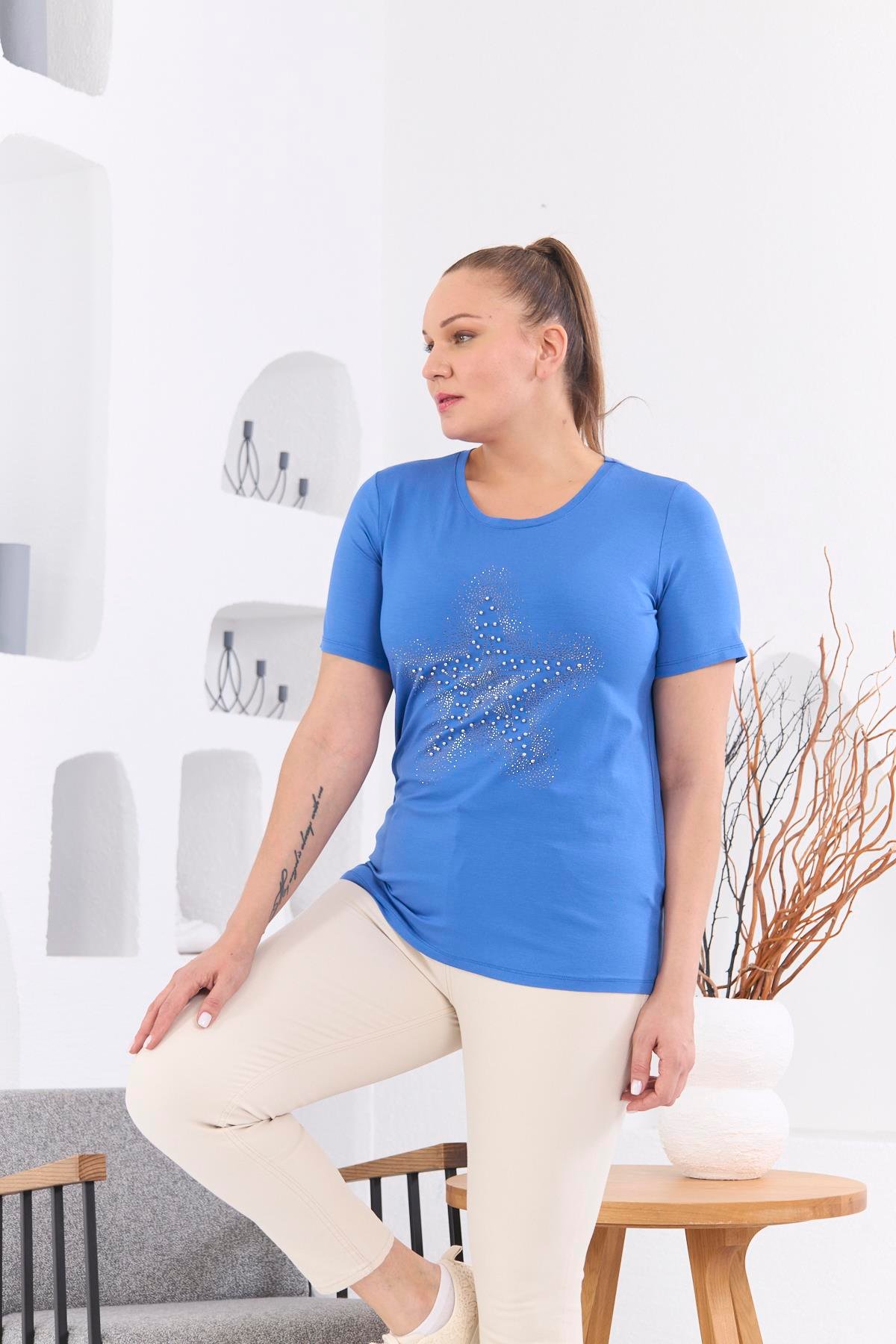 Rmg Yıldız Taş İşlemeli Büyük Beden İndigo Tişört