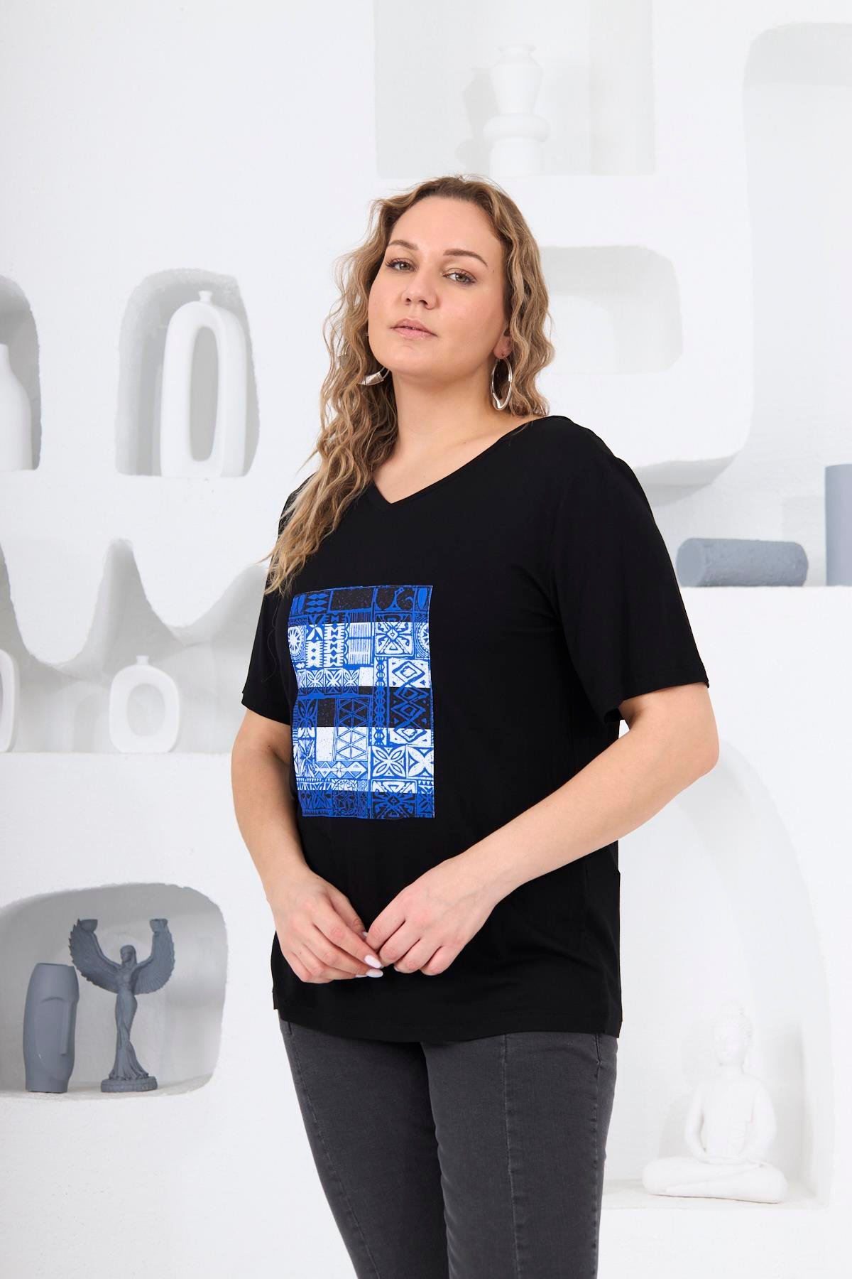 Rmg Sırt Detaylı Büyük Beden Baskılı İndigo Tişört