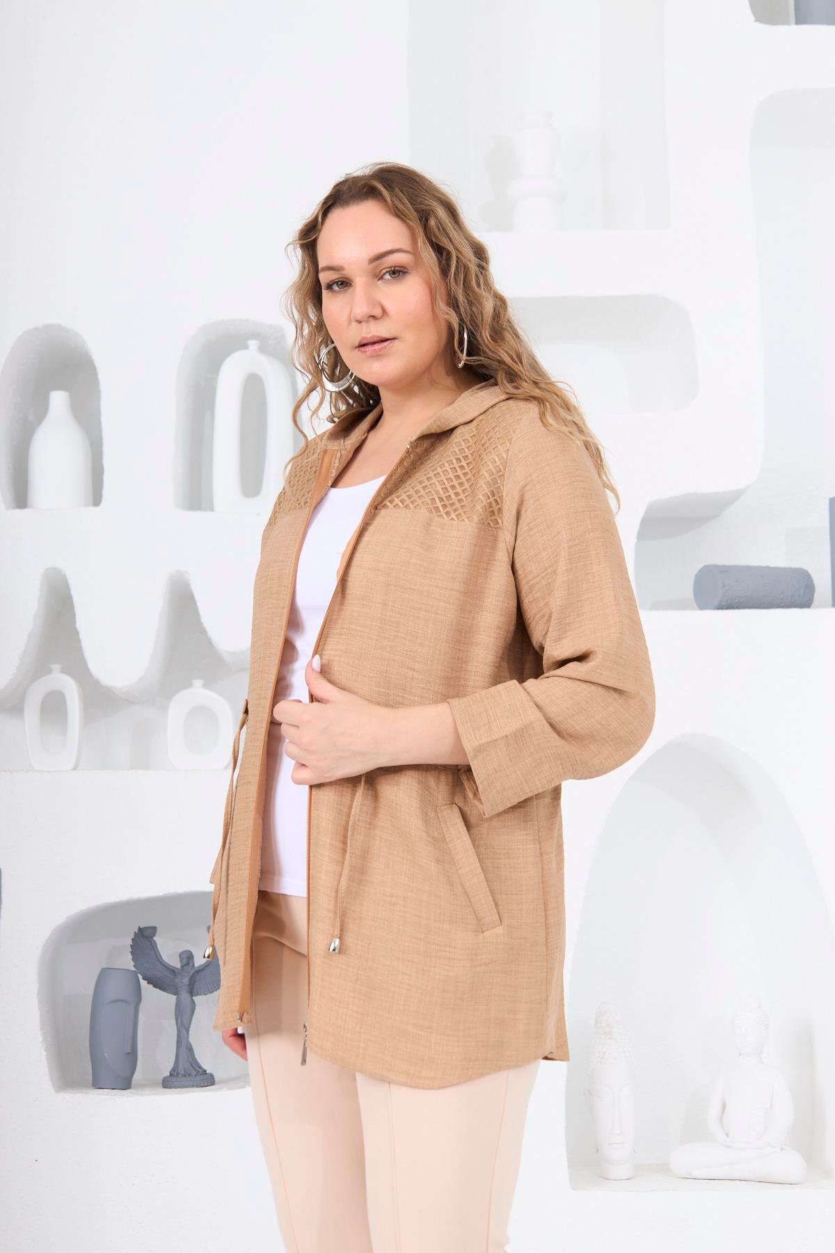 Rmg Omuz File Detaylı Keten Dokulu Büyük Beden Vizon Ceket