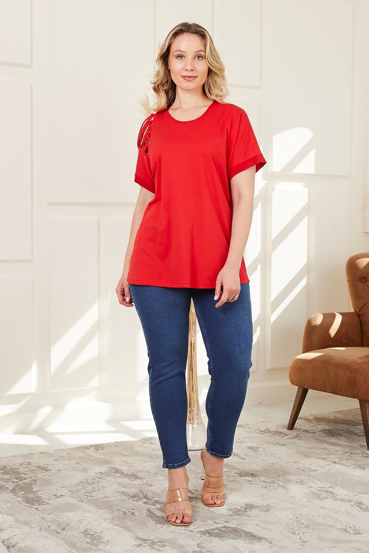 Rmg Omuz Detaylı Büyük Beden Kırmızı Tişört