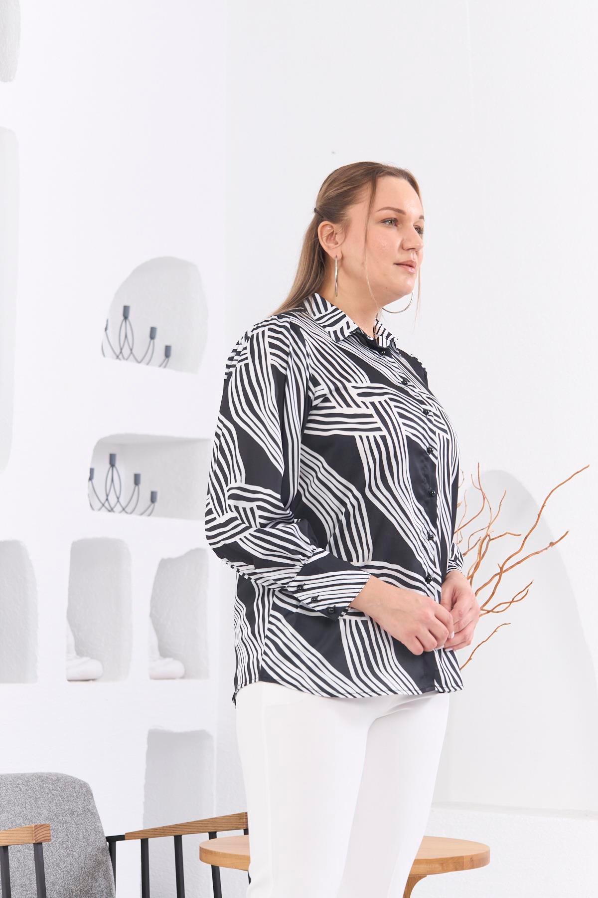 Rmg Desenli Büyük Beden Siyah Saten Gömlek