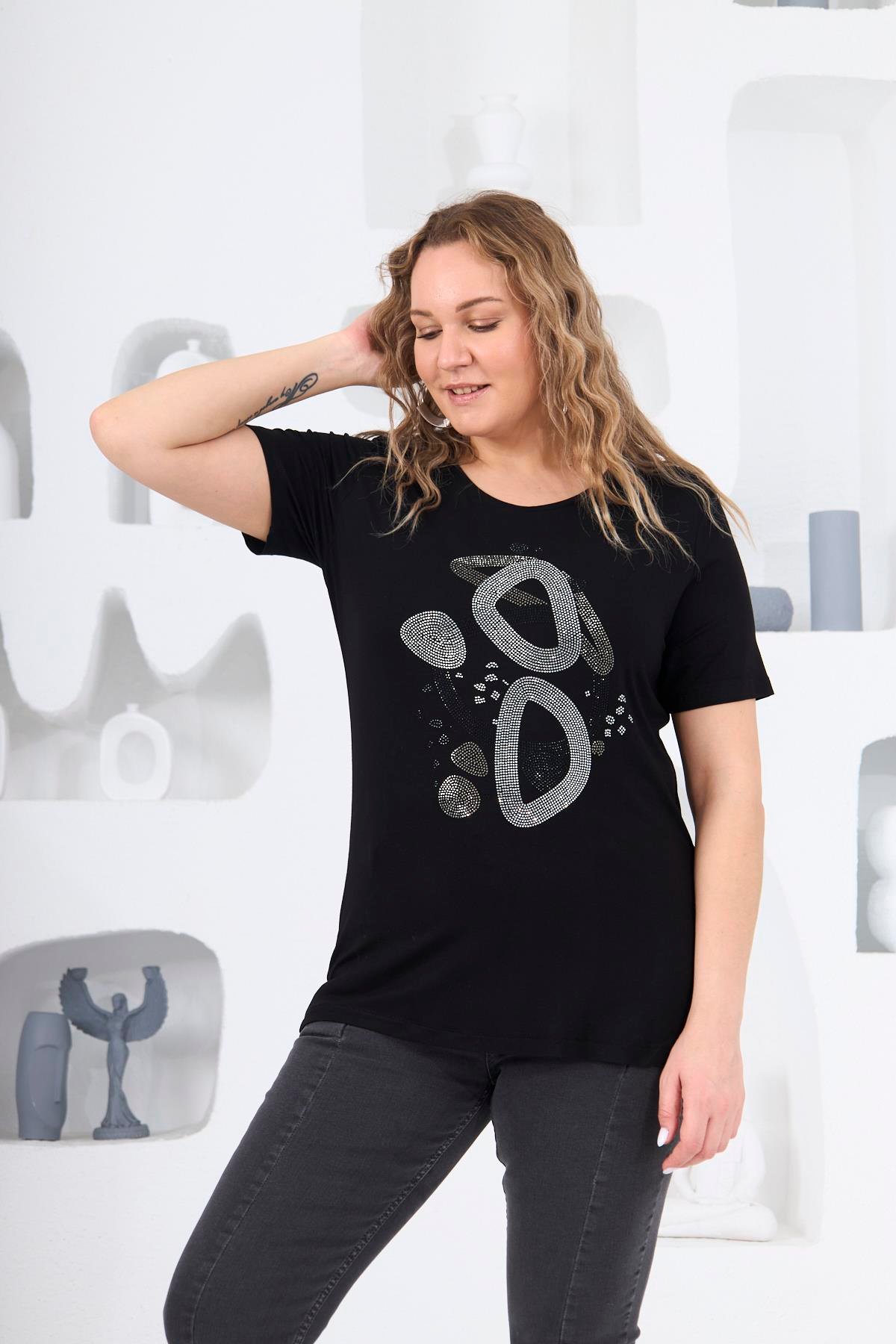 Rmg Taş Detaylı Büyük Beden Siyah Tişört