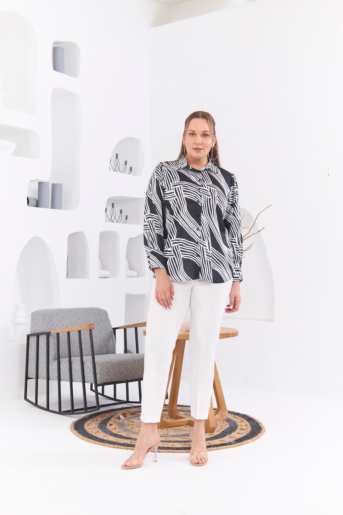 Rmg Desenli Büyük Beden Siyah Saten Gömlek