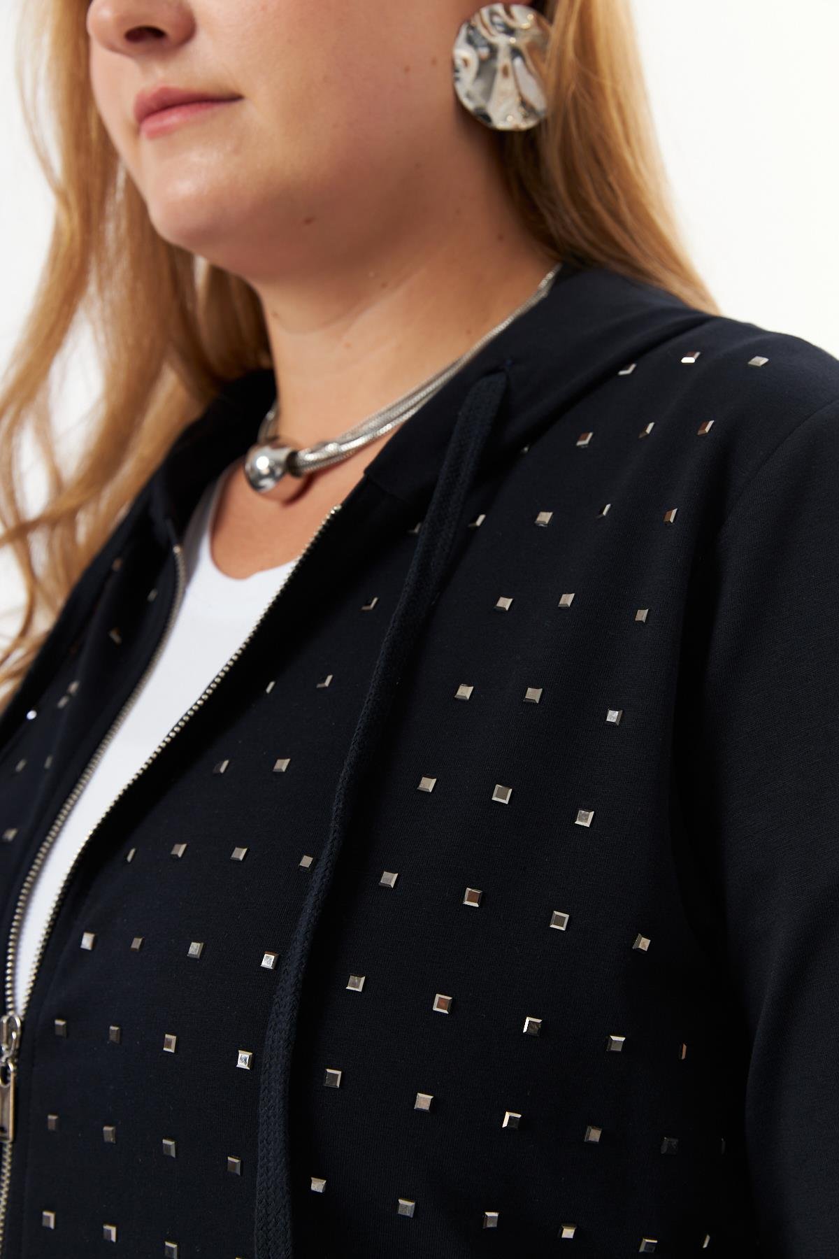 Büyük Beden Fermuarlı Droplu Sweatshirt Lacivert