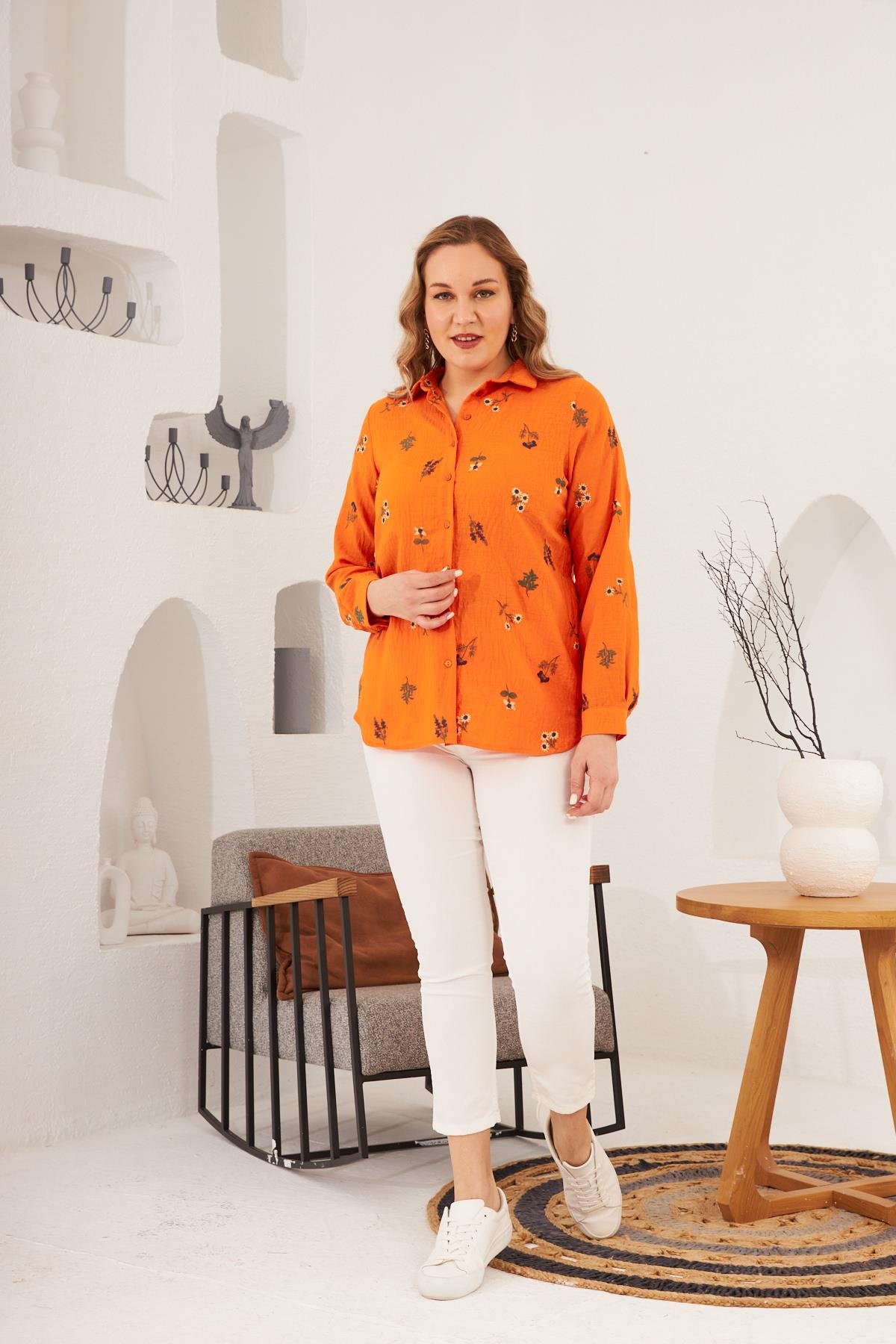 Rmg Nakışlı Büyük Beden Oranj Gömlek