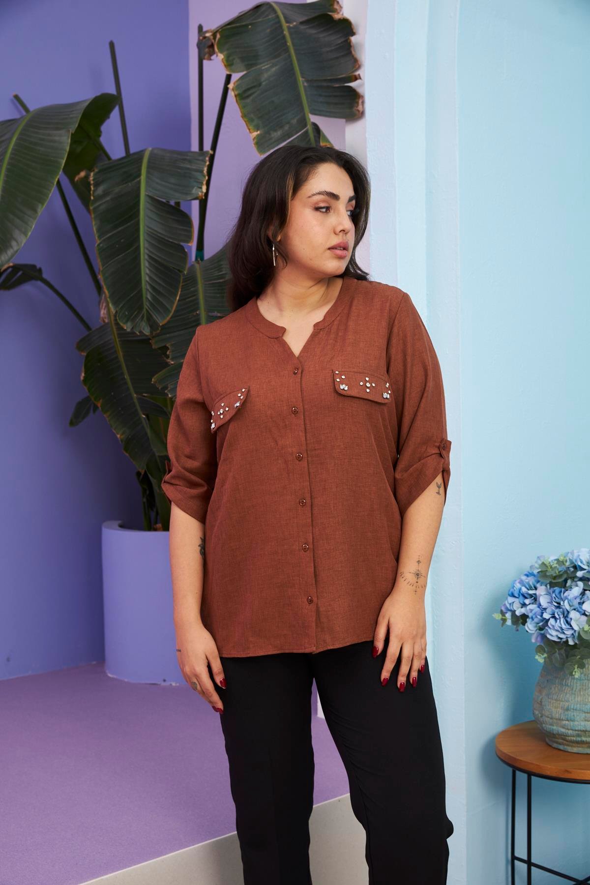 Rmg Cep Kapak Taş Detaylı Büyük Beden Kahve Gömlek