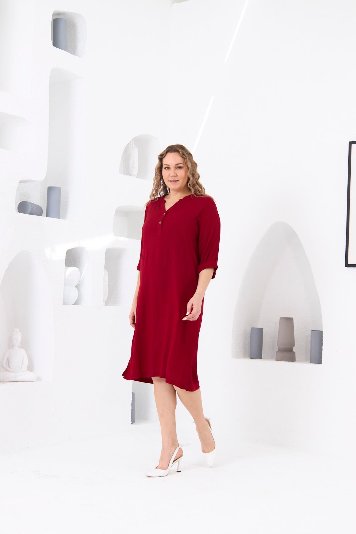 Rmg Düğme Detaylı Büyük Beden Bordo Viskon Elbise