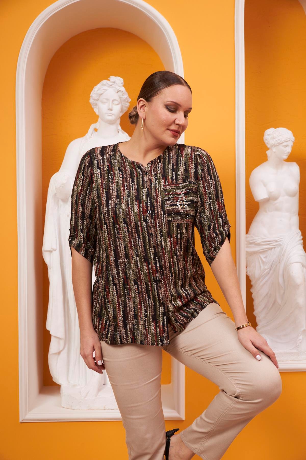 Rmg Cep Taş Detaylı Desenli Büyük Beden Haki Gömlek