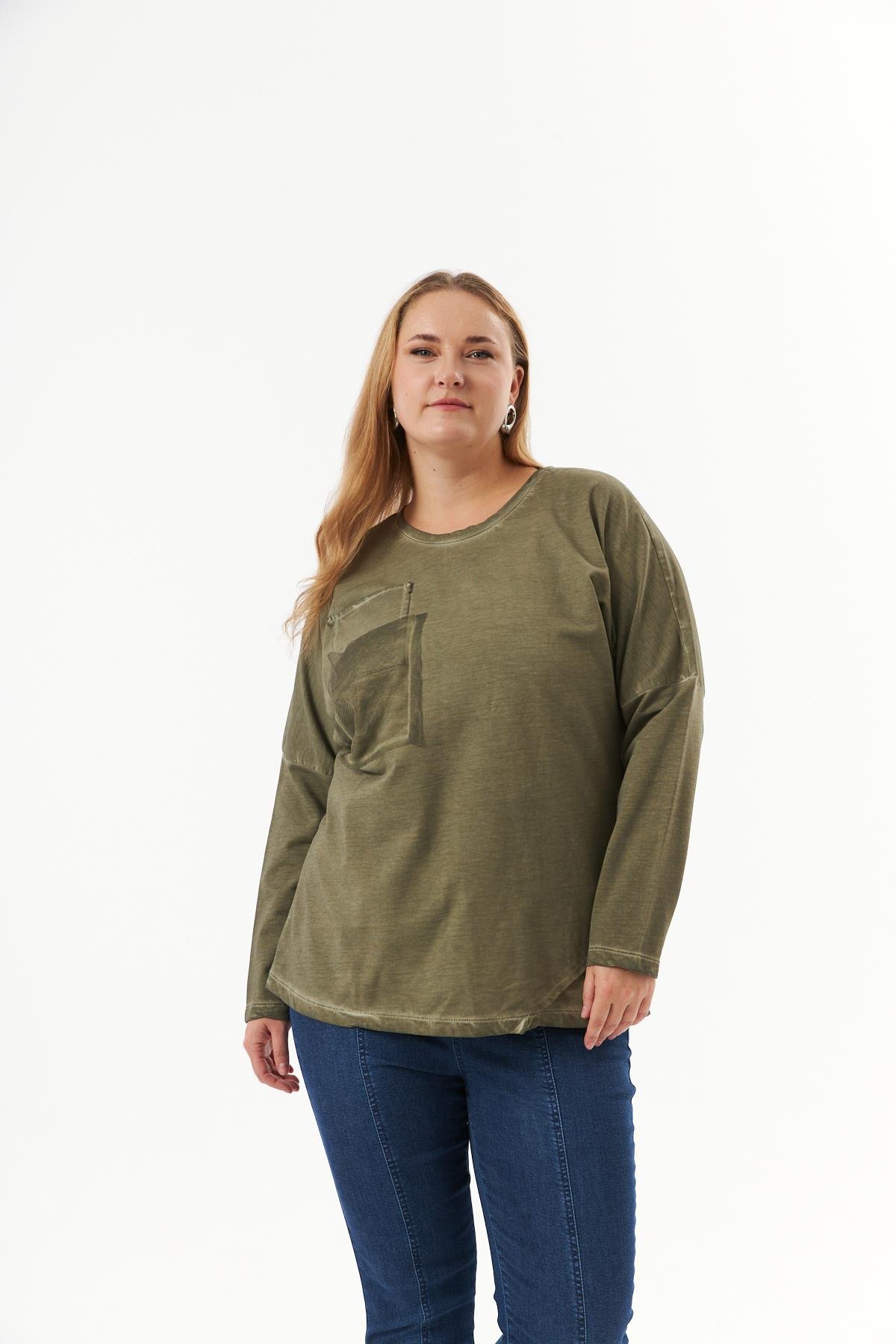 Büyük Beden Cep Detay Parça Boya Sweatshirt Haki