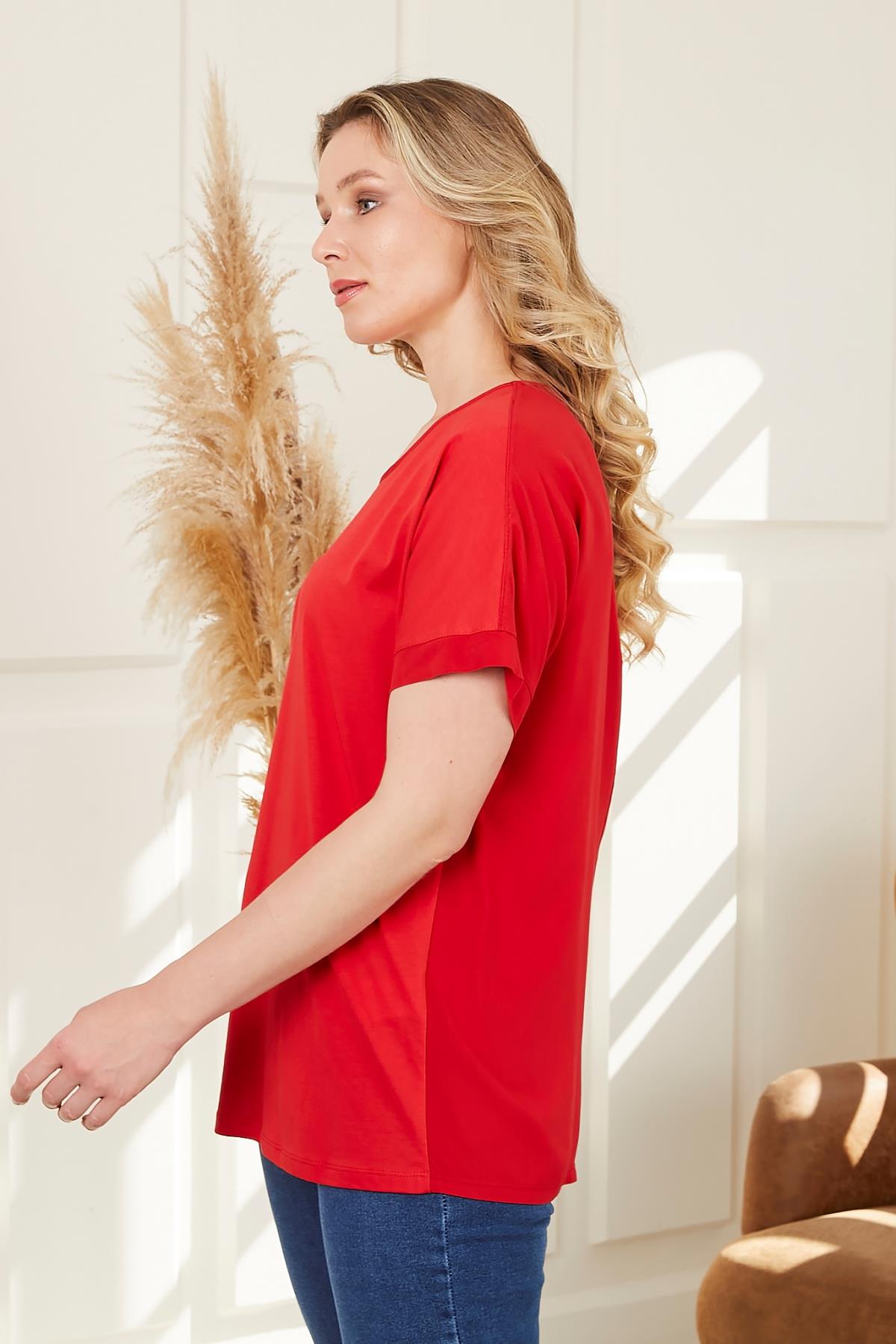 Rmg Omuz Detaylı Büyük Beden Kırmızı Tişört