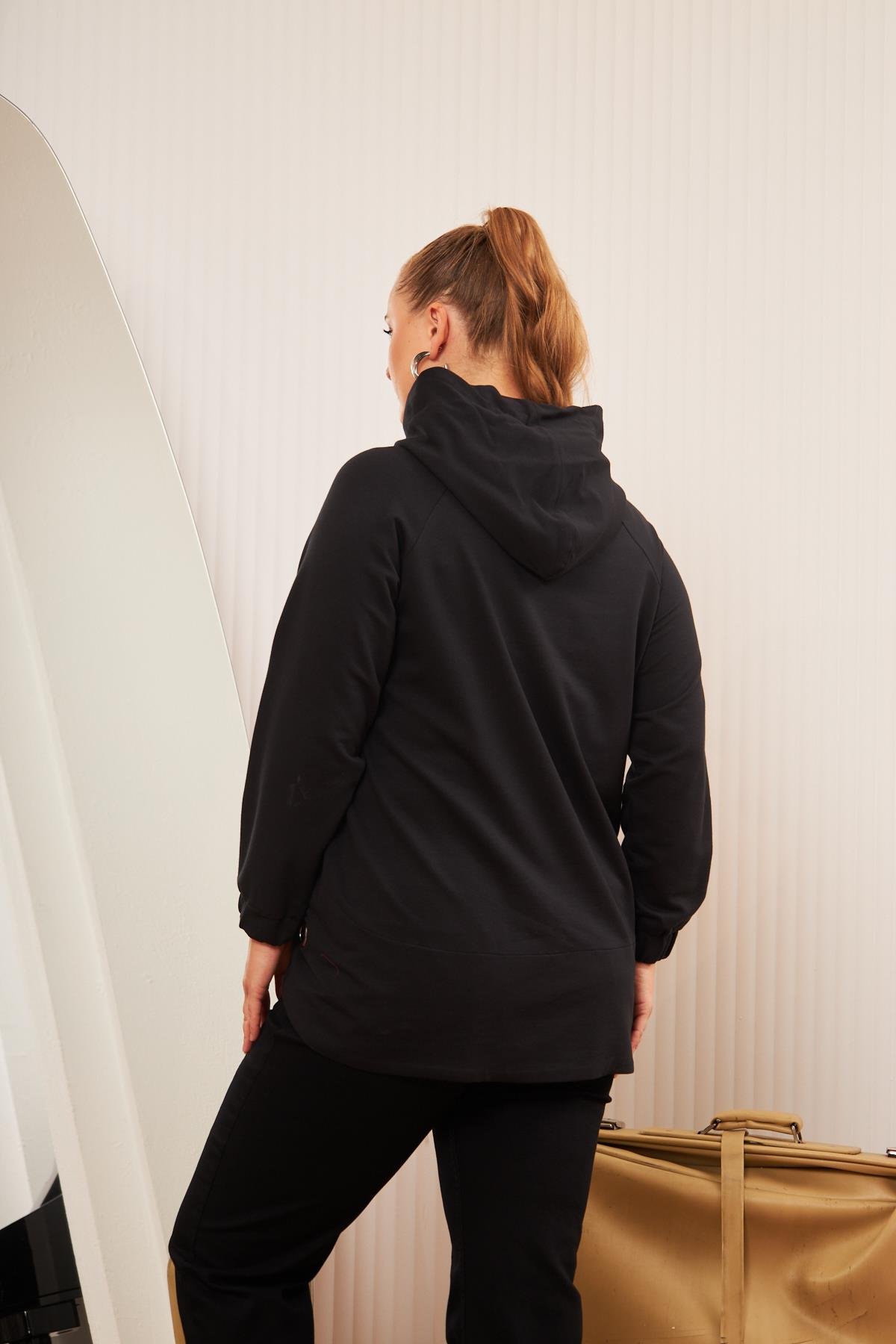 Büyük Beden Süslemeli Bağcıklı Kordon Sweatshirt Mavi