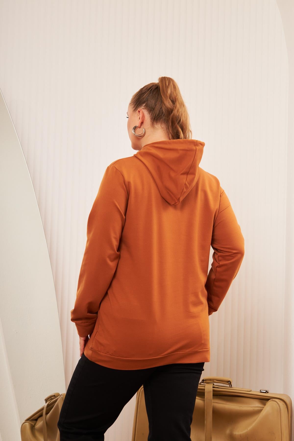 Rmg Kapşonlu Büyük Beden Camel Sweatshirt