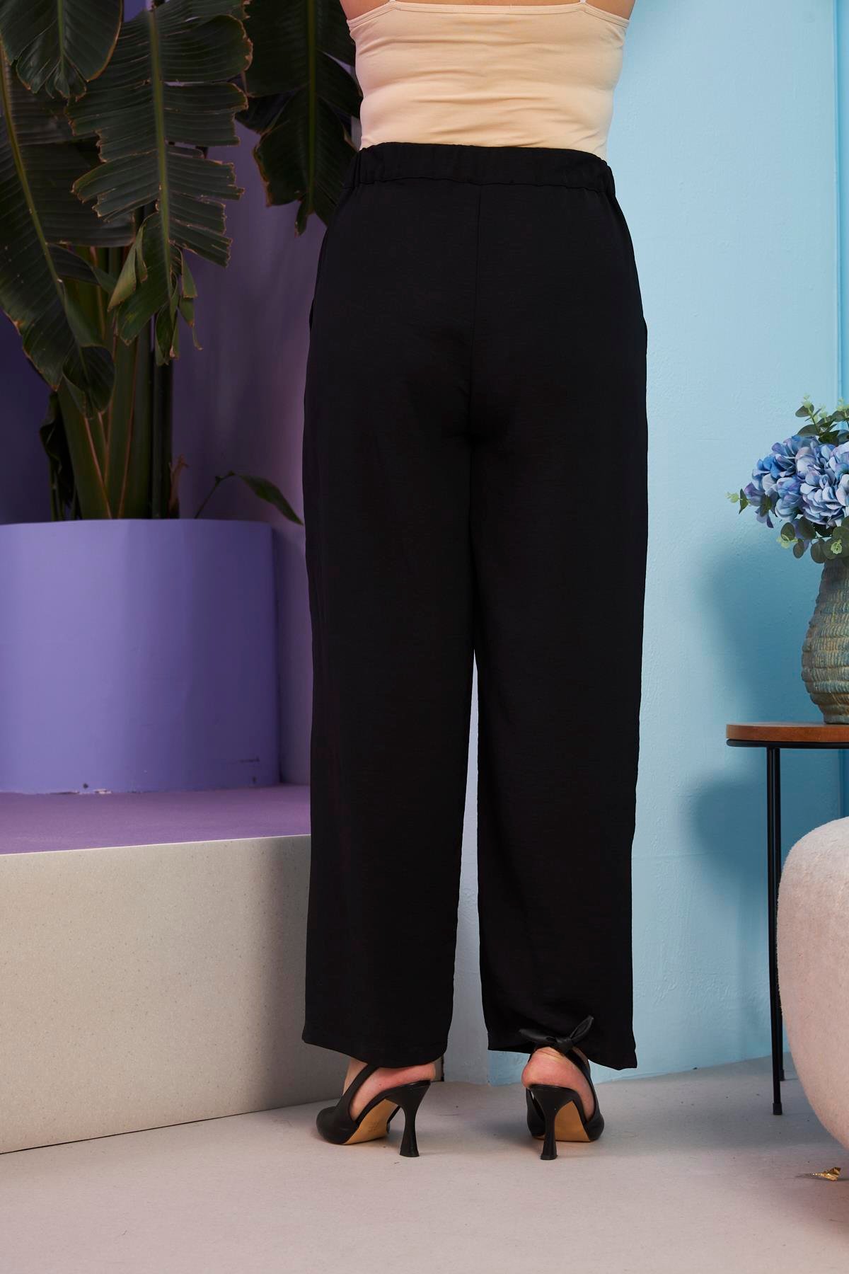 Rmg Beli Lastikli Büyük Beden Aerobin Siyah Geniş Paça Pantolon