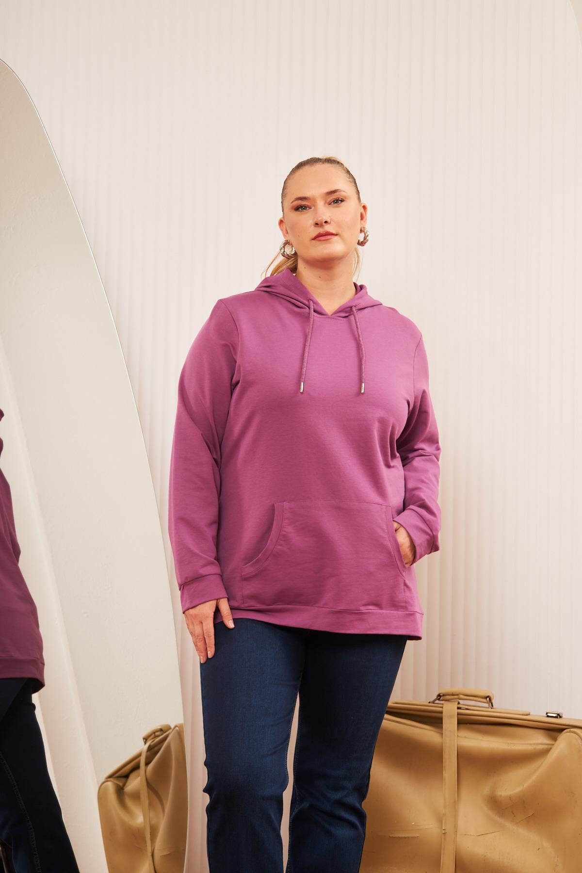 Rmg Kapşonlu Büyük Beden Mürdüm Sweatshirt