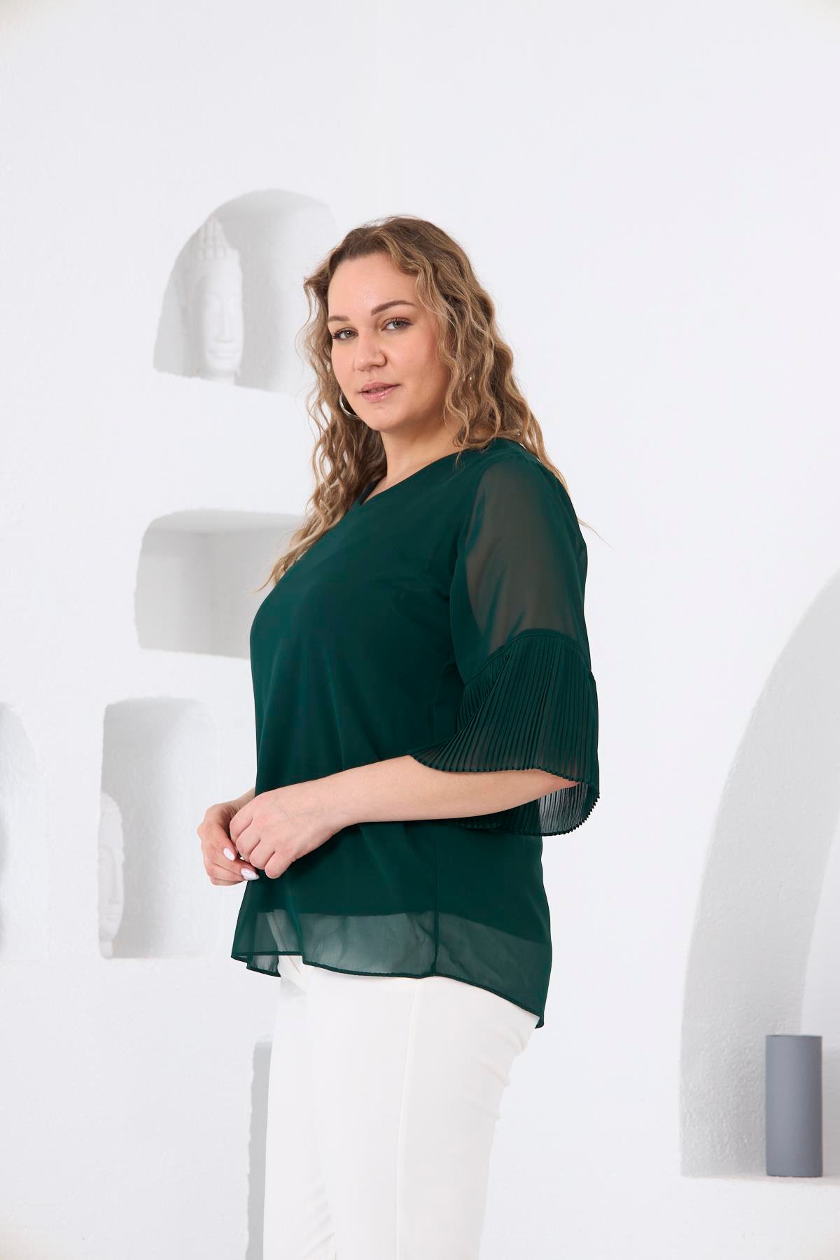 Rmg Kolları Piliseli Büyük Beden Zümrüt Bluz