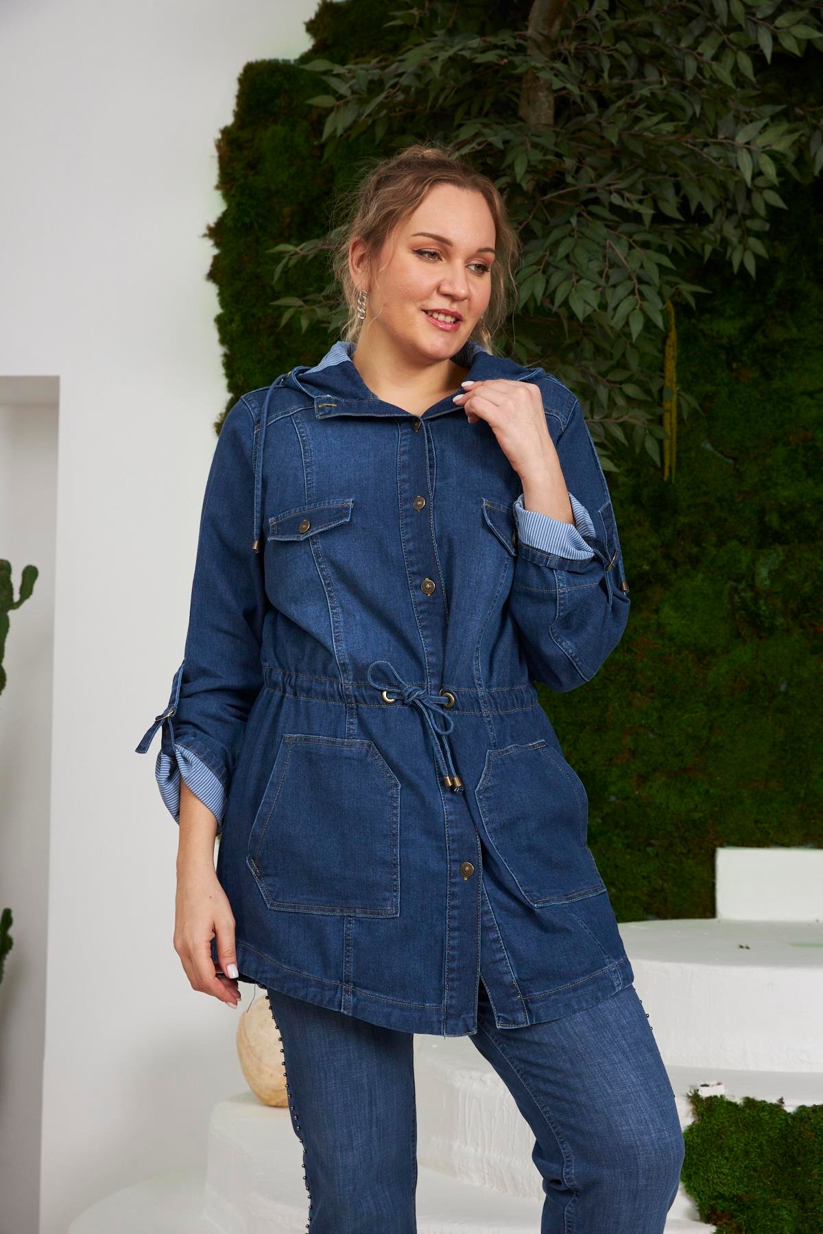 Rmg Cep Detaylı Büyük Beden Mavi Kot Ceket