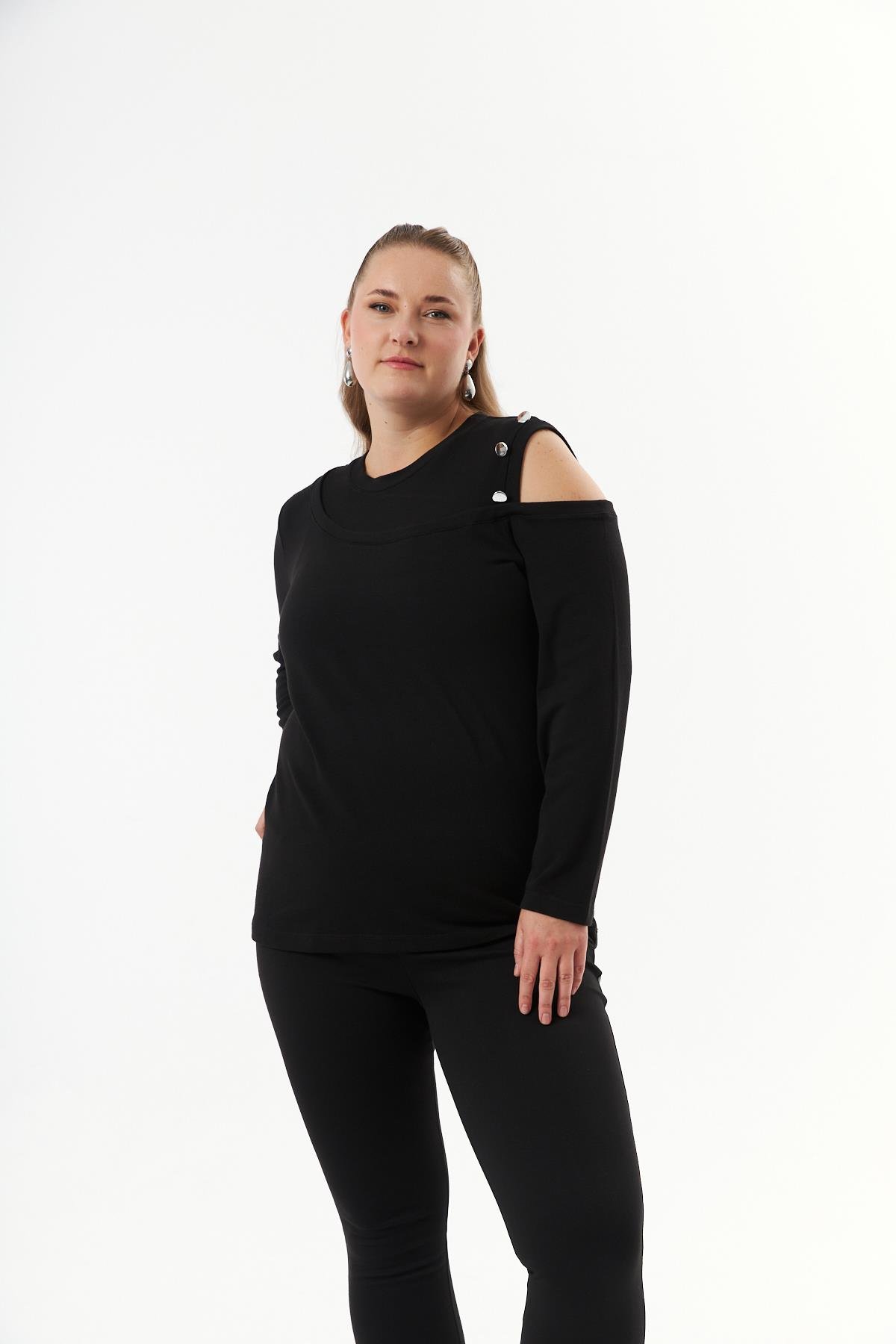 Büyük Beden Omuz Detay Örme Bluz Siyah