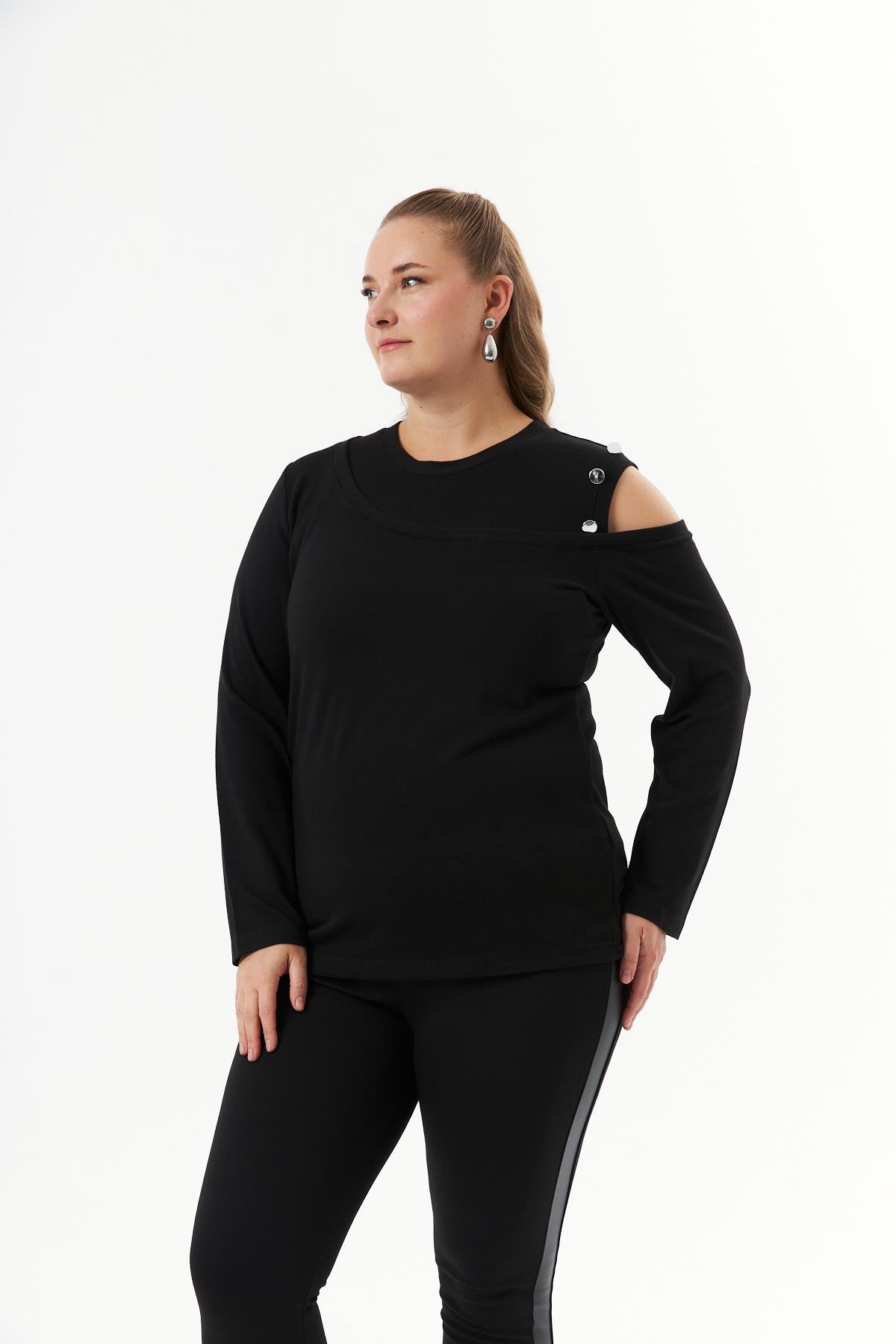 Büyük Beden Omuz Detay Örme Bluz Siyah