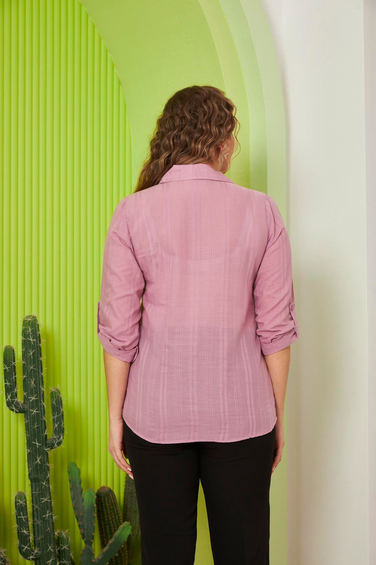 Rmg Cep Ve Kol Detaylı Büyük Beden Pudra Gömlek