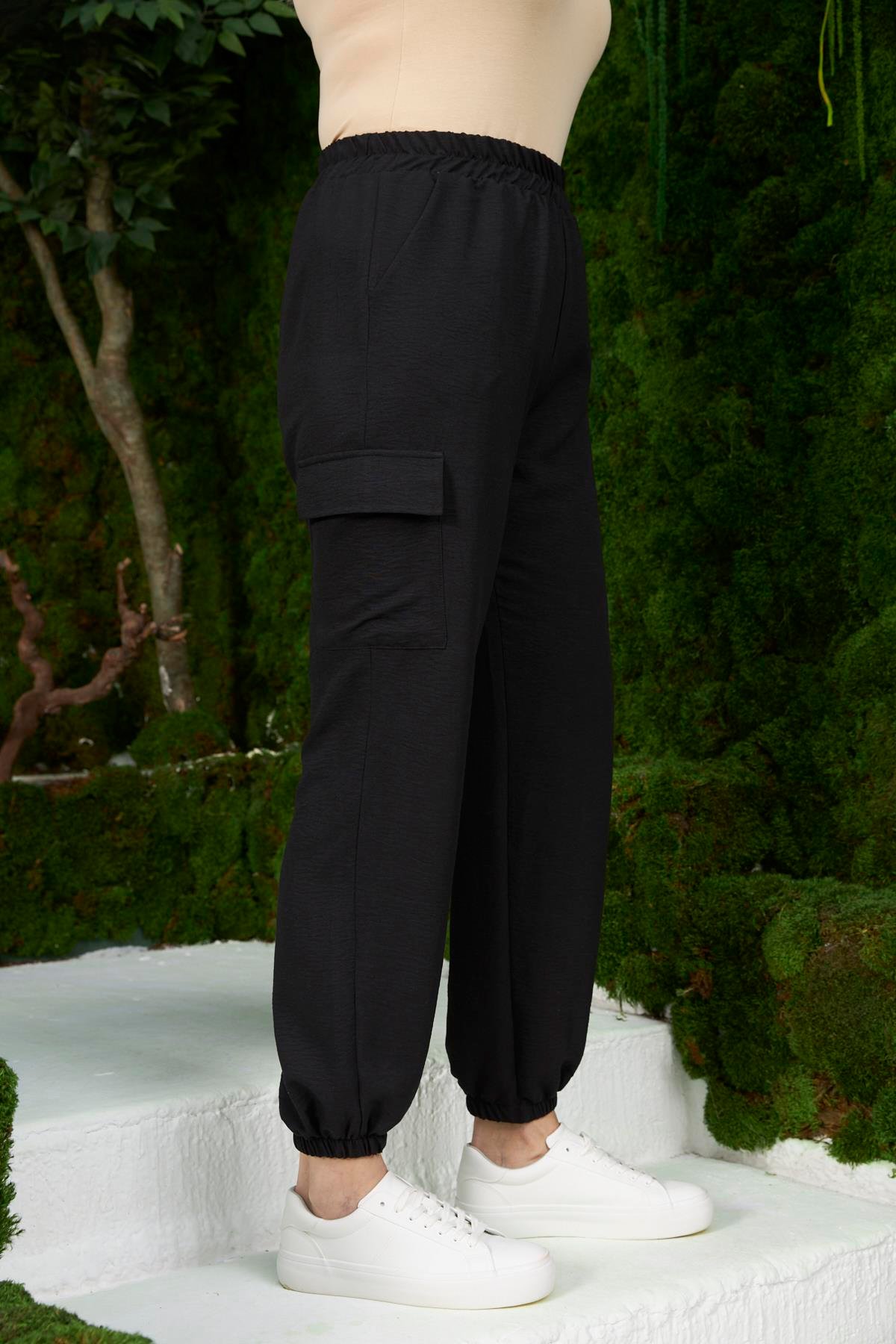 Rmg Beli Lastikli Kargo Cepli Büyük Beden Siyah Pantolon