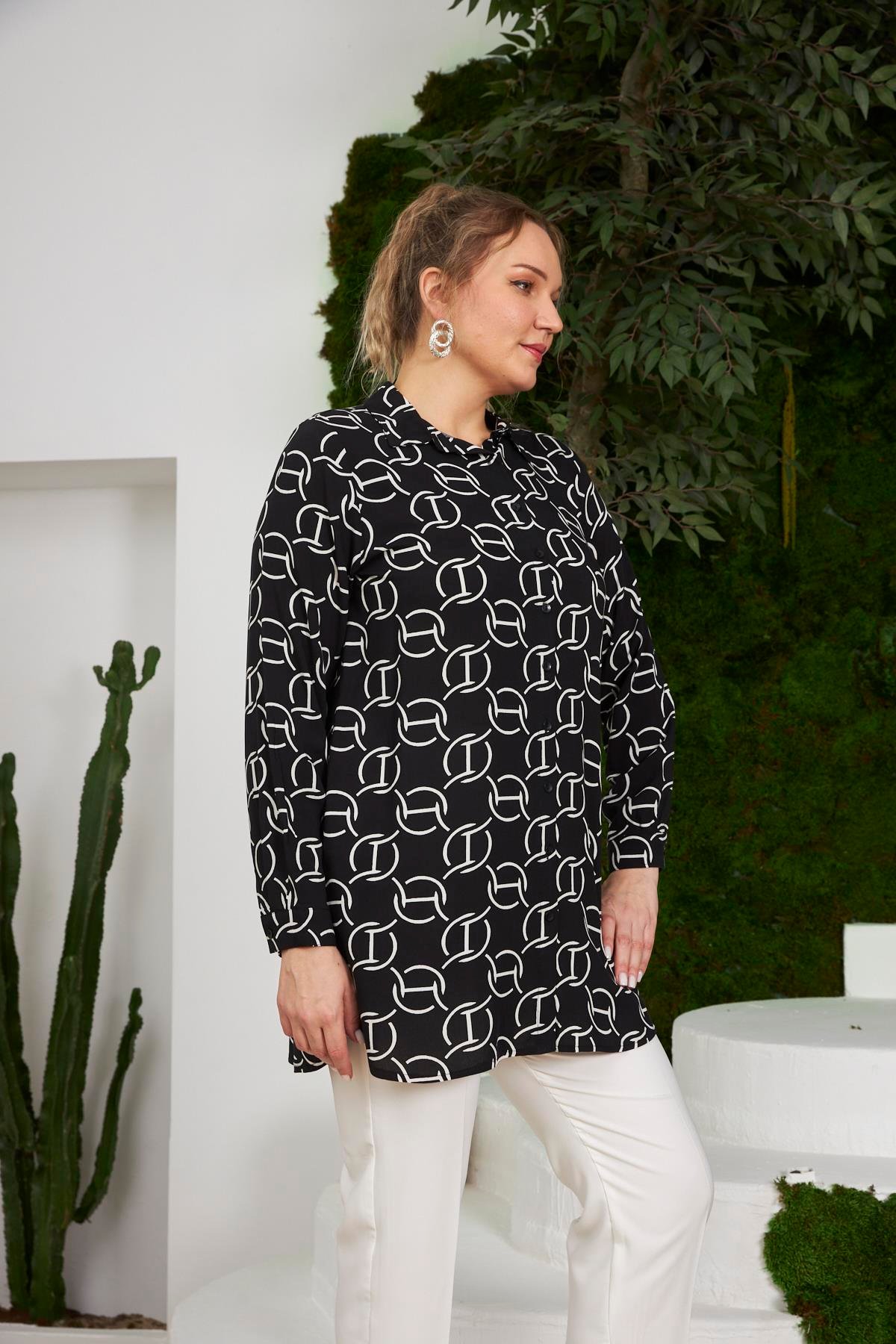 Rmg Zincir Desenli Büyük Beden Uzun Kol Siyah Gömlek