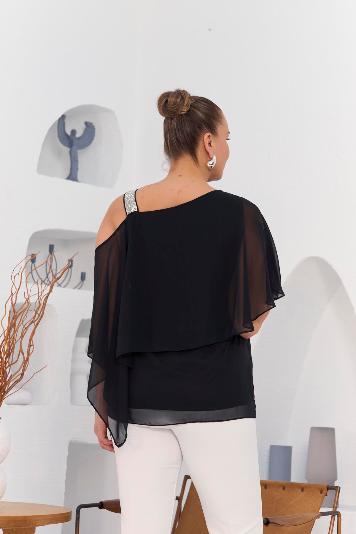 Rmg Omuz Taş Detay İçlikli Şifon Büyük Beden Bluz Siyah