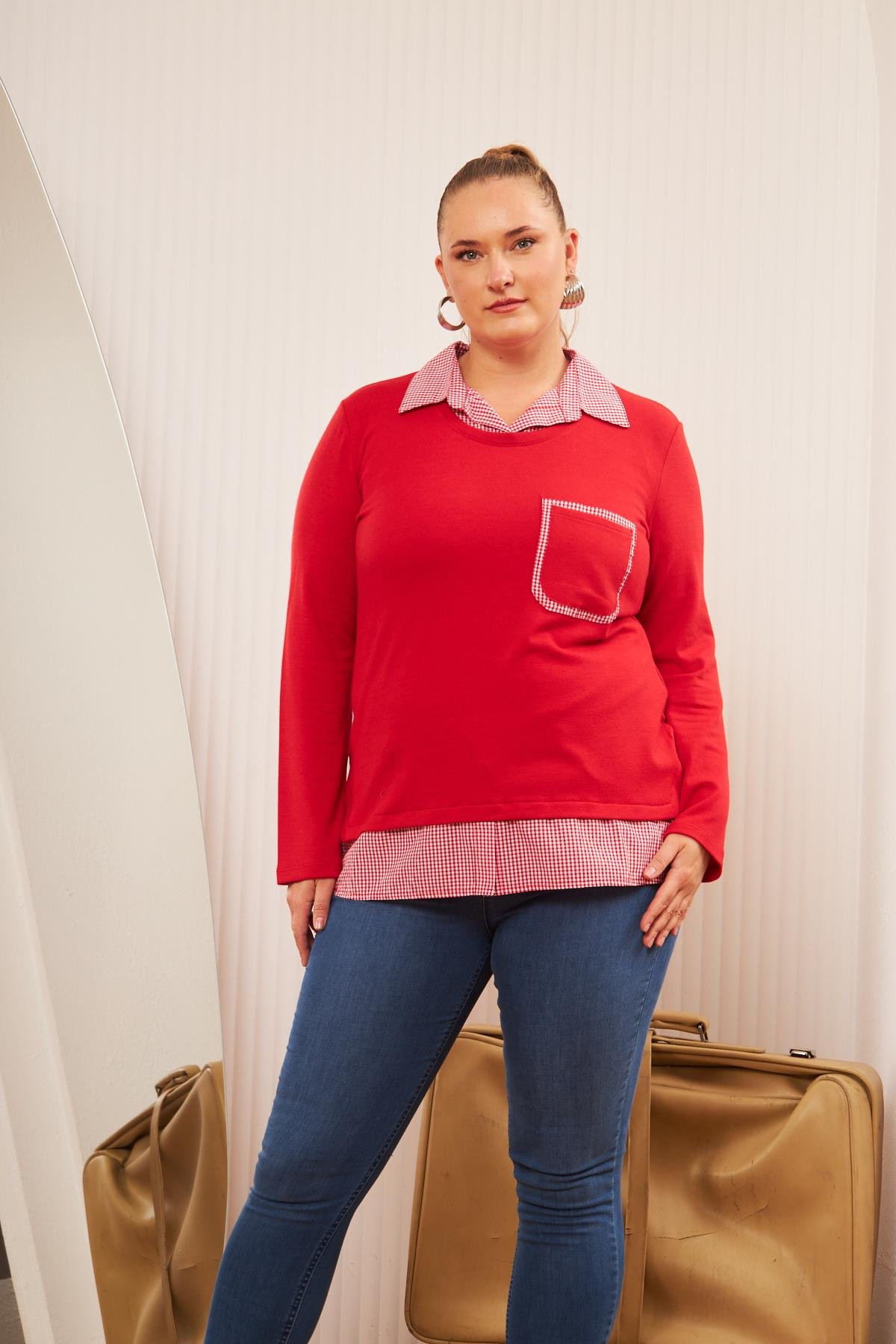 Cep Detaylı Ekoseli Büyük Beden Kırmızı Gömlek Bluz