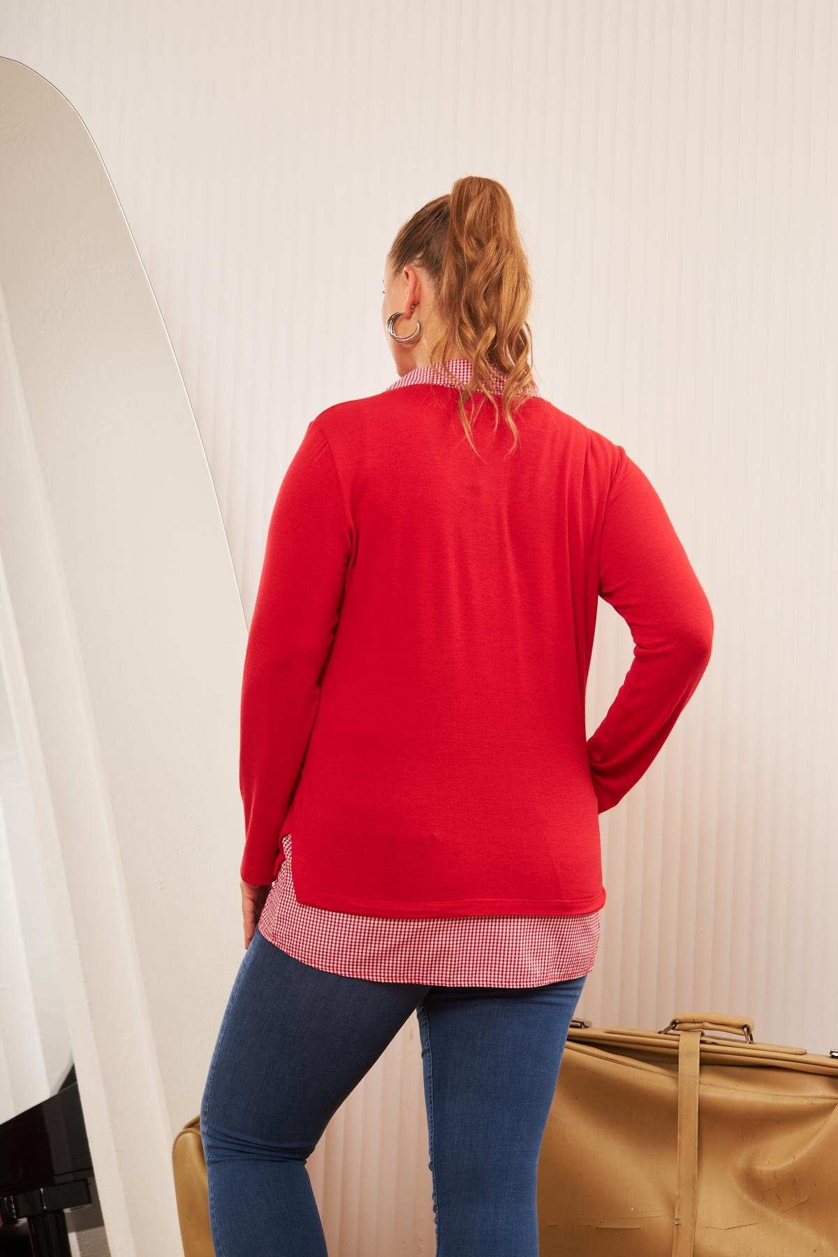 Cep Detaylı Ekoseli Büyük Beden Kırmızı Gömlek Bluz